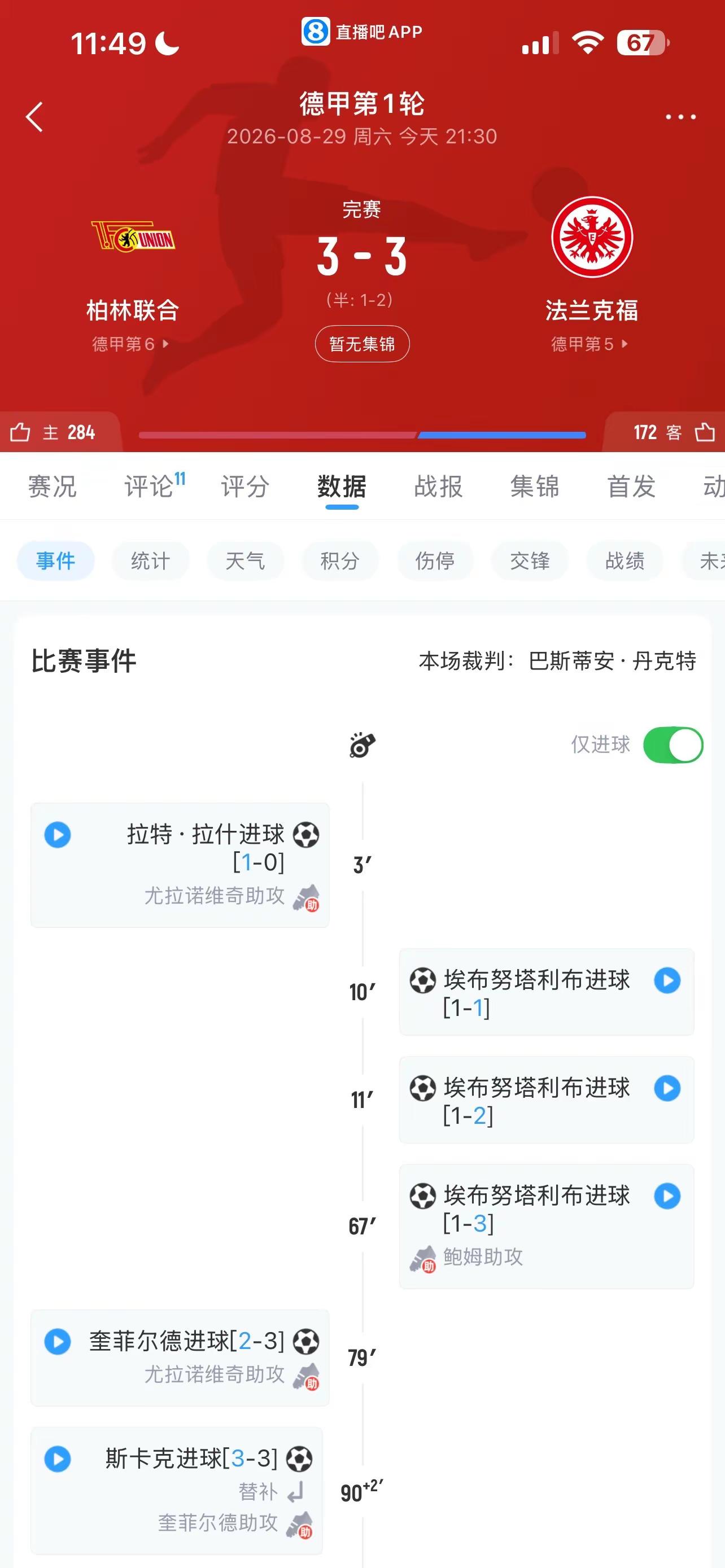 三场平局？利物浦 82分钟绝平 柏林联合 92分钟绝平 埃佛顿 也是补时绝平 不到最后，永远不知道结果，今晚的足球不精彩，但足够刺激