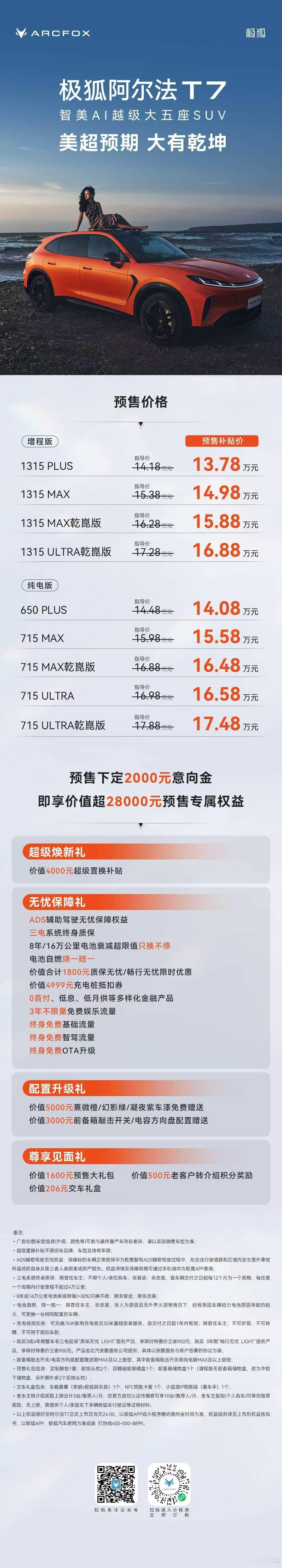 13.78万起封神！极狐阿尔法T7全维实力拉满，重新定义大五座SUV🔥
 
真·六边形全能SUV来了！极狐阿尔法T7正式开启预售，预售补贴价仅13.78万起，诚意直接拉满！全系推出纯电、增程双动力9款版型，适配家用通勤、长途出游、全域出行全场景，不用纠结配置，总有一款适配你的需求✨
 
不做简单配置堆砌， ​