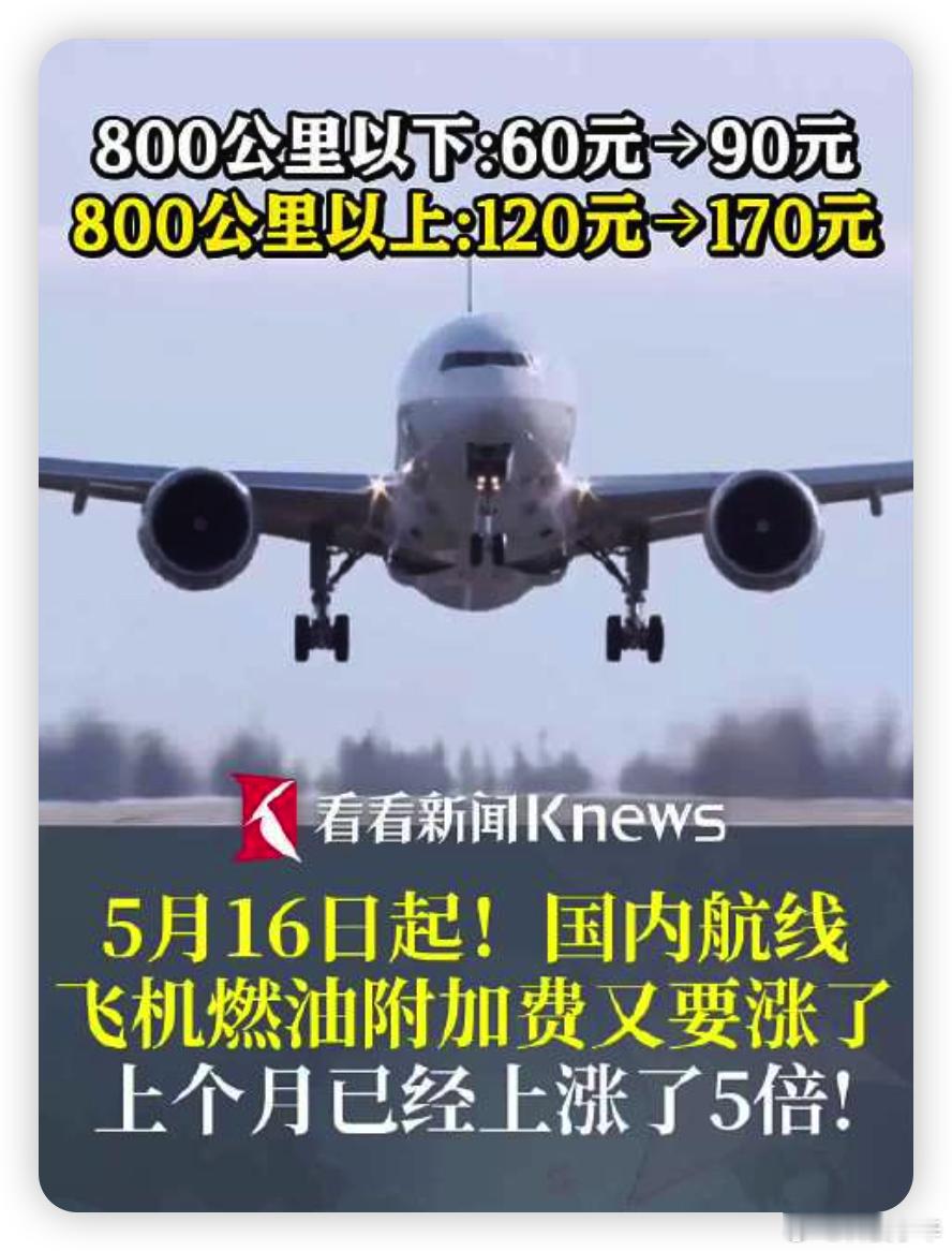 我勒个豆，明天起机票燃油费又涨了，年内第三次。800 公里以下从 60...