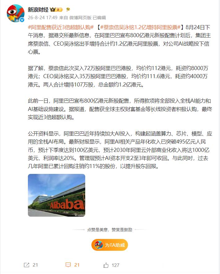 #蔡崇信吴泳铭1.2亿增持阿里股票#看完这条新闻，我感觉是阿里巴巴在向市场宣告："我不再是一家电商公司了，我是一家重资产AI公司。" 从用电商现金流自我造血，到用股权融资换AI弹药，算不算新时代互联网公司对未来的预期和转型的尝试？蔡崇信和吴泳铭的增持，与其说是"信心票"，不如说是在告诉投资者— ​
