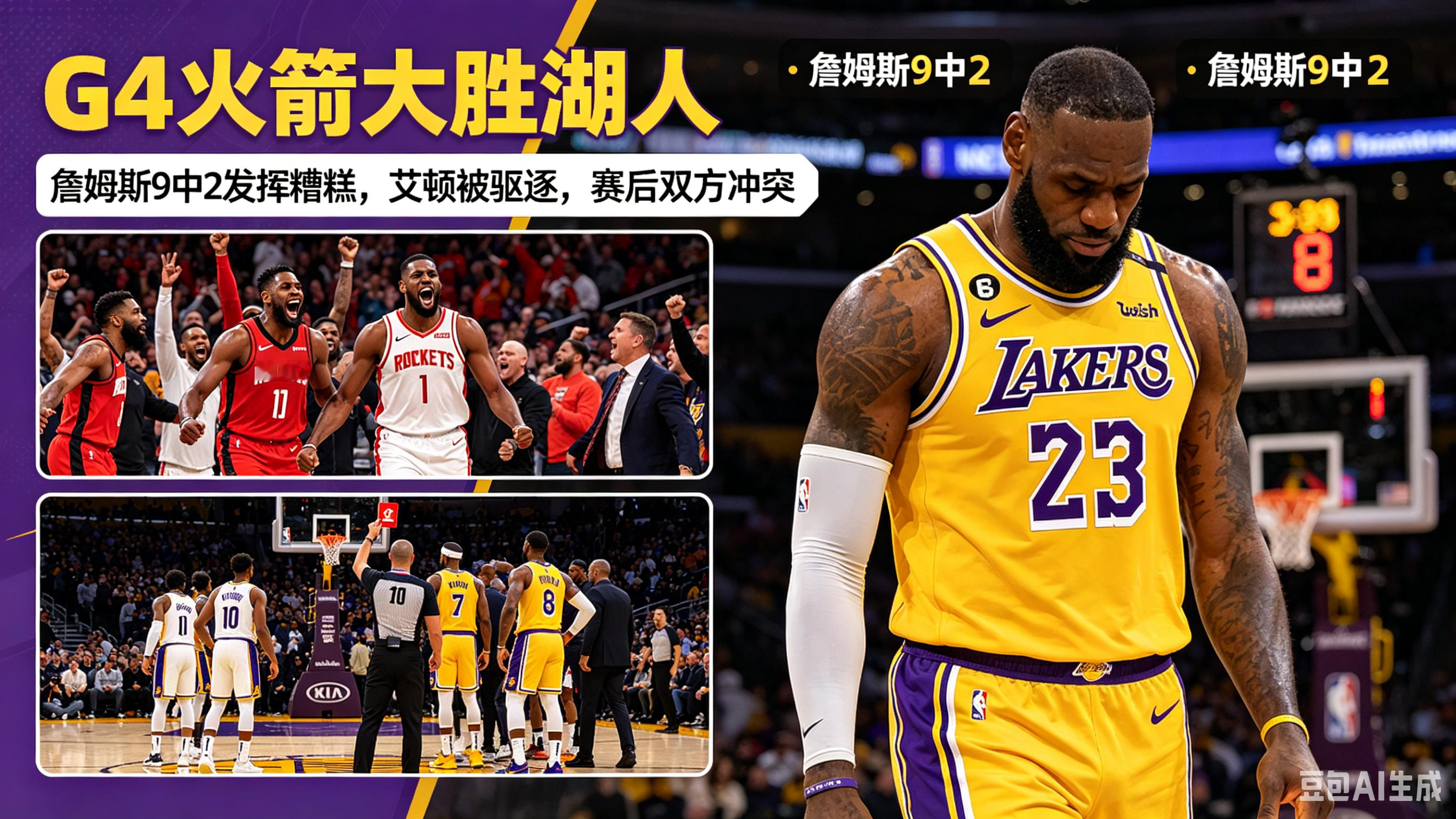 火箭疯狂屠湖人！老詹9中2烂到家，艾顿惨遭驱逐。