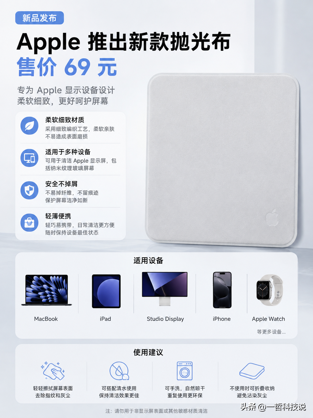 69元一块“抹布”，苹果又更新了一款新品。

近日，苹果官网低调上架了新款抛光布，售价69元。它可以用于清洁 iPhone、iPad、Mac、Apple Watch、Studio Display 等设备的屏幕，包括纳米纹理玻璃。

有意思的是，这已经不是苹果第一次做抛光布了。

2021年，苹果曾推