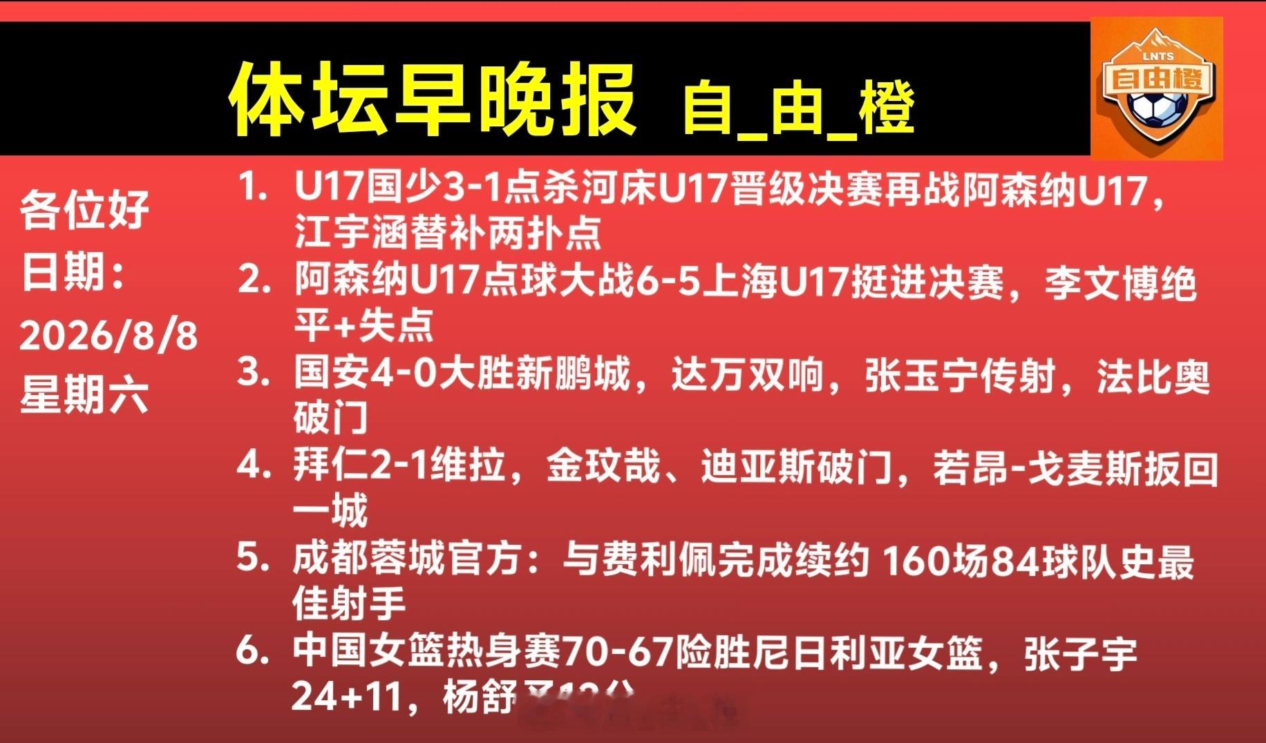 🌐《自由橙足球早报》 08.08 周六➭友谊赛: 拜仁2-1维拉，金...