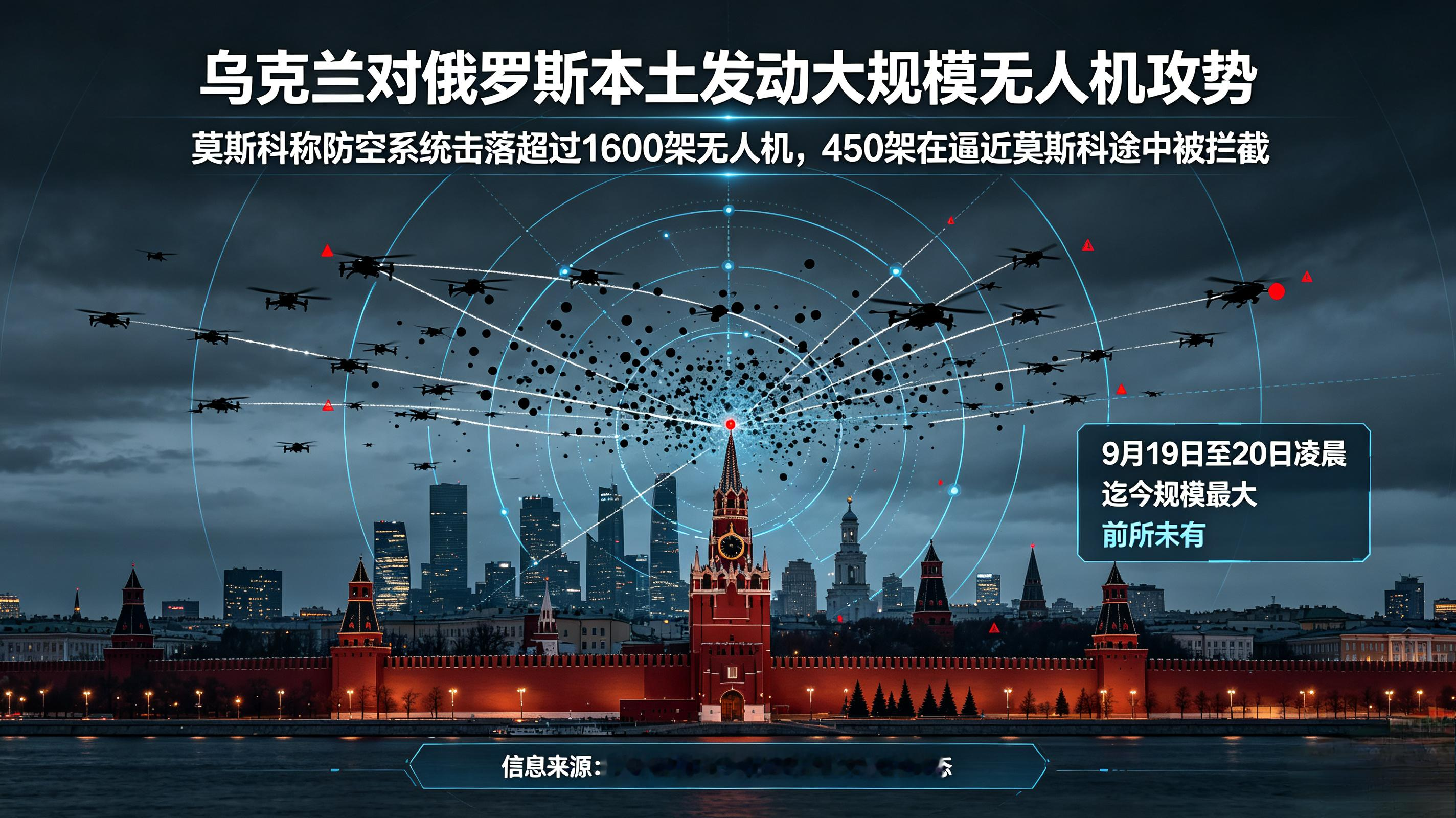 1600架无人机突袭俄罗斯，莫斯科遭遇开战以来最猛一击。

9月19日到20日凌晨，乌克兰对俄罗斯本土发动了迄今规模最大的无人机攻势。莫斯科市长索比亚宁在社交媒体上亲口证实：俄防空系统自19日以来击落超过1600架无人机，其中450架在逼近莫斯科途中被拦截。他将这次袭击定性为“前所未有”。

俄罗斯