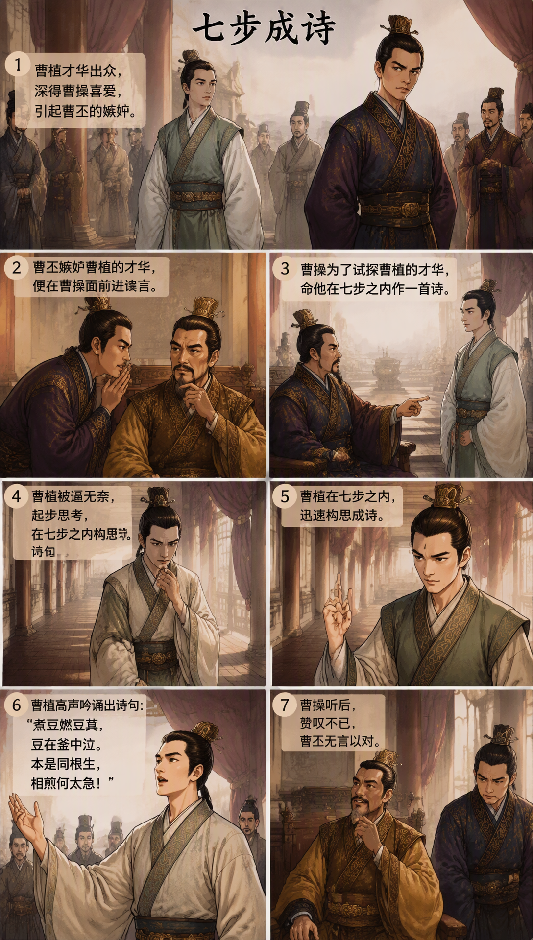 七步成诗

三国时期，魏国文学家曹植才华出众，尤其擅长写诗，很受父亲曹操喜爱。然而，曹操去世后，他的哥哥曹丕继承王位，成为魏文帝。由于担心曹植威望过高，会威胁自己的统治，曹丕一直对他心存猜忌。

有一次，曹丕故意召见曹植，当众要求他在七步之内作出一首诗。如果做不出来，就要按照欺君之罪处罚。曹植明