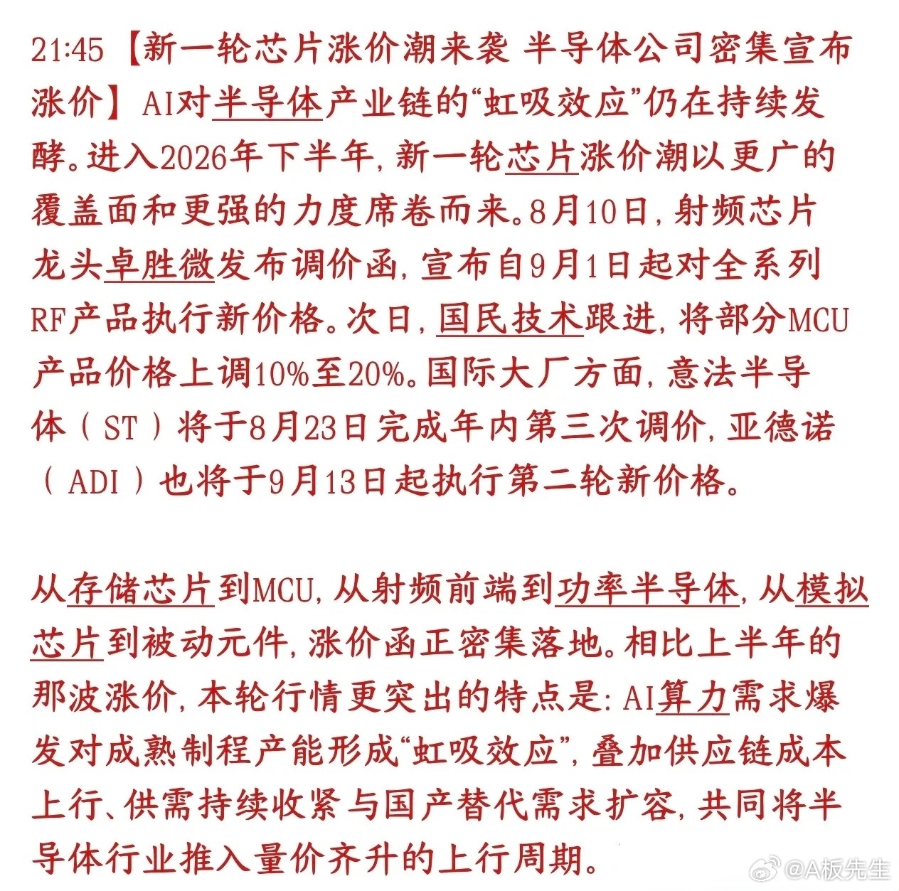 新一轮芯片涨价潮全面开启！半导体板块迎来结构性反转窗口

下半年半导体行业迎来大范围、多品类涨价周期，国内外大厂密集发布调价通知，覆盖射频、MCU、功率、模拟、存储、被动元件全产业链，行业景气度持续回升，板块迎来修复反转机会。

一、国内外大厂调价落地（明确时间节点）

国内厂商
1、卓胜 ​