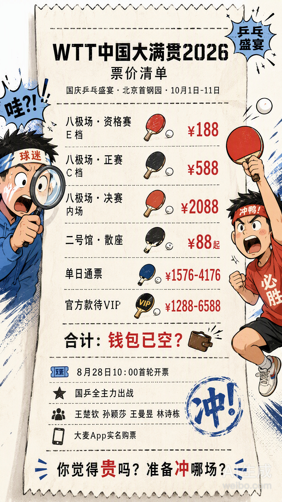 今天WTT中国大满贯2026正式公布票务方案，10月1日至11日在北京...