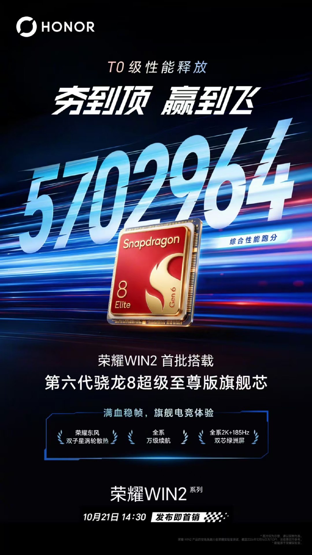 荣耀WIN2安兔兔综合性能跑分5702964分[喵喵]
不愧是T0级综合性能跑分。期待一波10月21日荣耀WIN电竞宇宙嘉年华，发布即首销。
#荣耀WIN2##荣耀WIN2价格杀疯了# ​