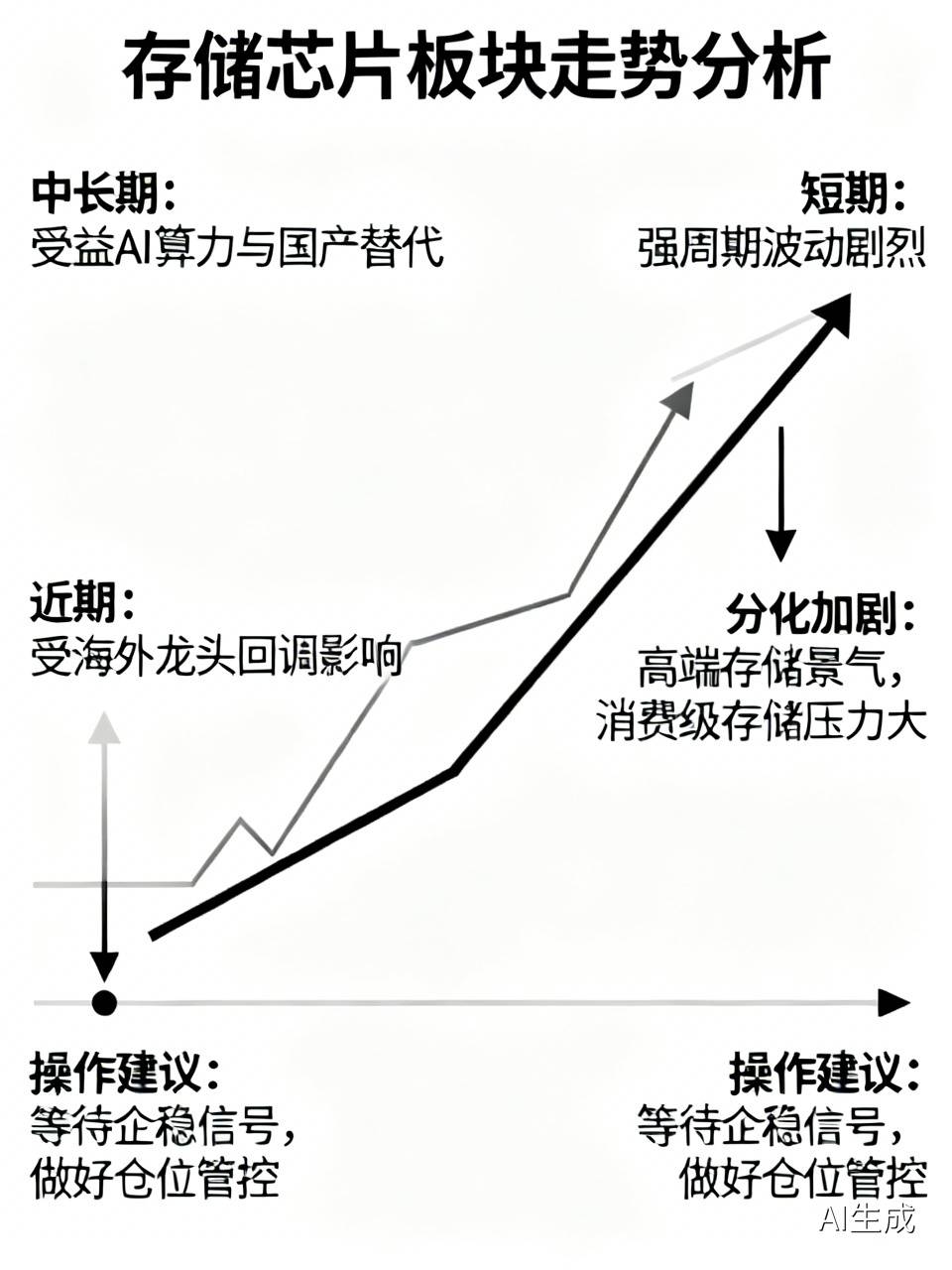 #存储芯片板块的未来走势如何#存储芯片中长期受益AI算力需求与国产替代，但板块属于强周期赛道，短期波动会十分剧烈。近期受海外龙头回调影响，板块进入情绪消化阶段，分化会进一步加剧，高端存储景气度更强，普通消费级存储压力偏大。不宜盲目追高，要等待企稳信号，做好仓位管控。以上仅为行业分析，不构成投资建议。