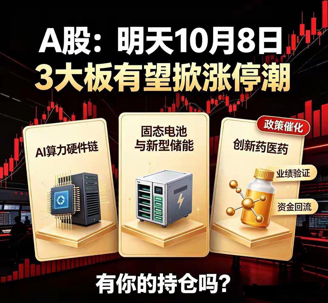 明天就是10月8日，A股国庆假期后首个交易日。假期7天，外围市场没闲着，国内政策也没停，攒了一堆利好等着开盘兑现。
做了20年交易，我可以很明确地说：每次长假后开盘，从来不是普涨普跌，都是结构性行情。有政策催化、有业绩支撑的板块，资金一回来就会猛冲；没逻辑没支撑的，该怎么走还怎么走。 ​