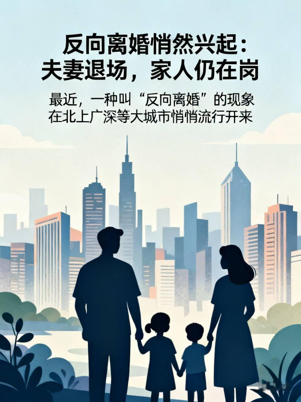 反向离婚悄然兴起：夫妻退场，家人仍在岗

最近，一种叫“反向离婚”的现象在北上广深等大城市悄悄流行开来，不少夫妻离婚后不仅没撕破脸，反而还能心平气和地一起带娃、商量家事，彻底颠覆了人们对离婚的刻板印象。

过去说到离婚，大家脑子里蹦出来的画面八成是争财产、抢孩子、翻旧账，恨不得把对方祖宗十八代都数落
