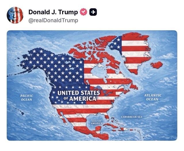 特朗普发了这张地图！西方媒体没有一个敢吱声，因为他们知道美国真敢，并且特朗普已经在几次三番的威胁，对于加拿大和格陵兰岛美国是志在必得！

一张地图，为什么会引发国际关注？近期，特朗普在社交平台发布一张带有美国旗帜元素的北美地图，加拿大、格陵兰等地区被覆盖其中，引发丹麦、冰岛等方面的外交反应。表面看，