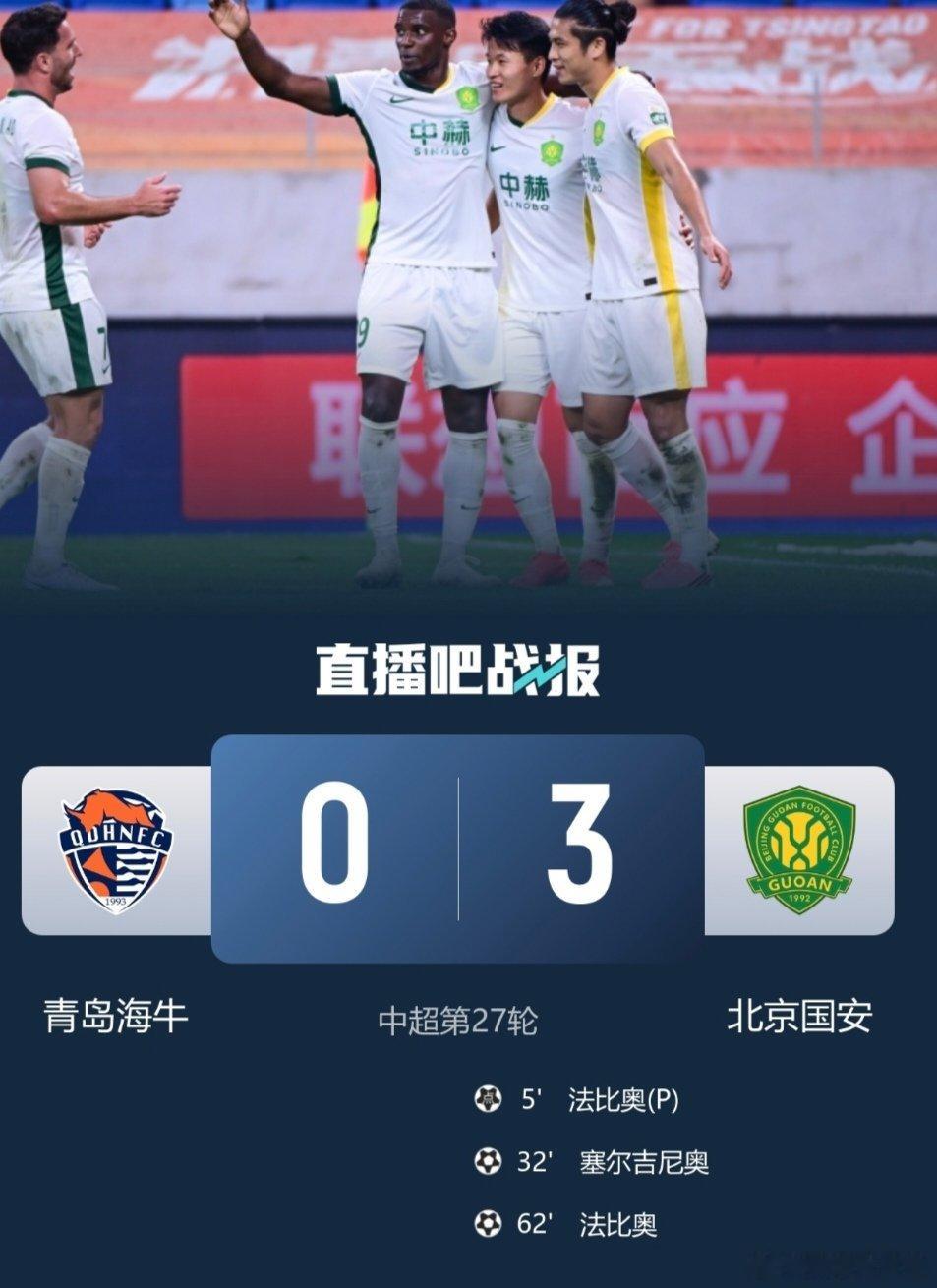 #青岛海牛0比3北京国安#提前3轮降级！青岛海牛0-3北京国安，吞下联赛十连败！

中超第27轮，青岛海牛主场迎战北京国安，全场战罢，青岛海牛0-3不敌北京国安。
第5分钟宋龙手球送点，法比奥主罚命中；32分钟塞尔吉尼奥头球扩大比分；62分钟法比奥再入一球完成梅开二度。

此役过后，青岛海牛遭遇联赛十 ​