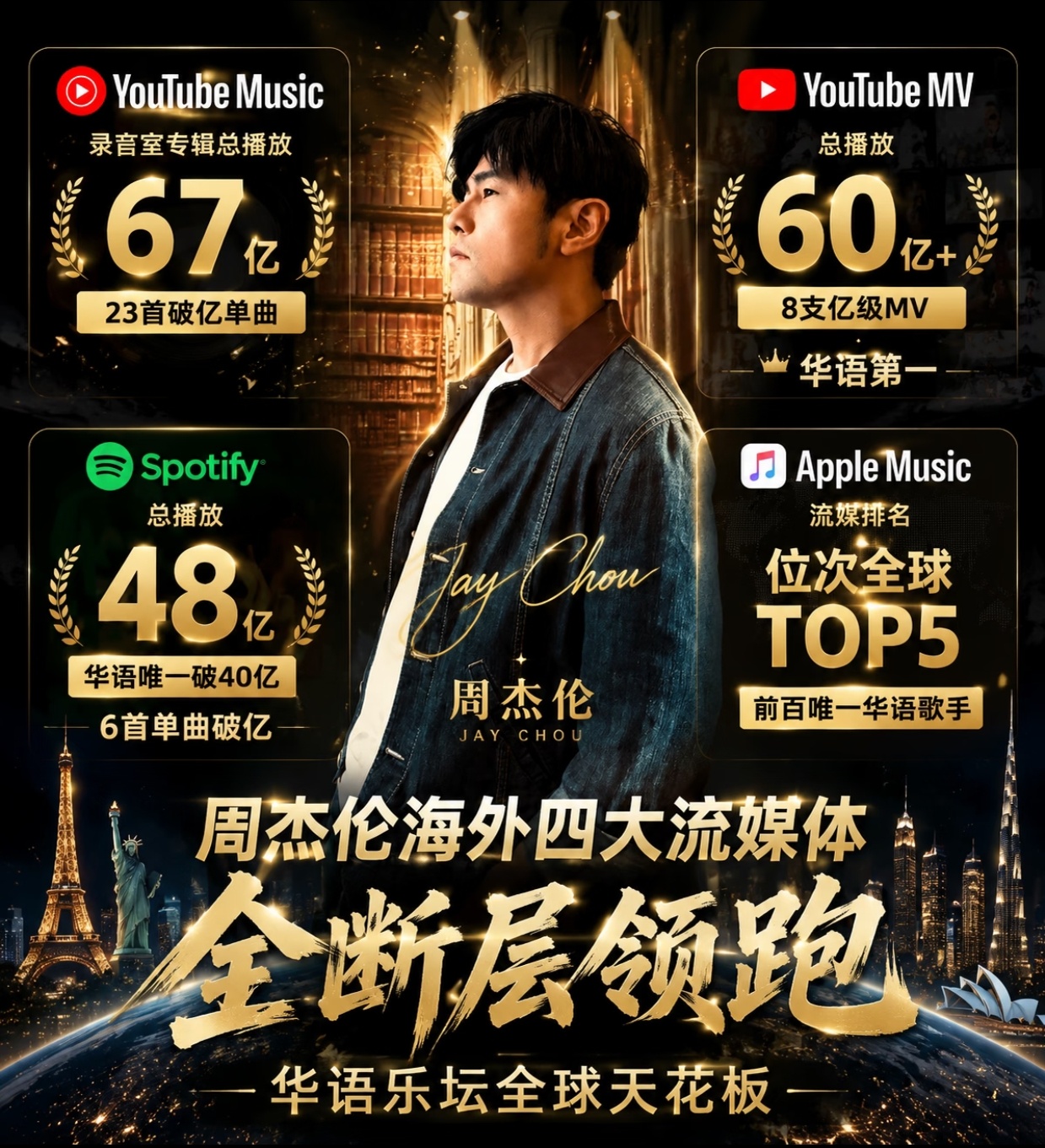 周杰伦海外四大流媒体音乐数据大公开！
不仅在中国人气火爆，歌曲传播度广。海外音乐点播数据更是全断层领跑内娱歌手[震惊]华语乐坛第一歌手真的不是吹出来的！
周杰伦的歌首首堪称经典，歌曲好听，作词优秀[抱一抱]一个人火真的是有原因的，期待后续的新作品[憧憬]
你觉得周杰伦火吗？周杰伦的哪首歌 ​