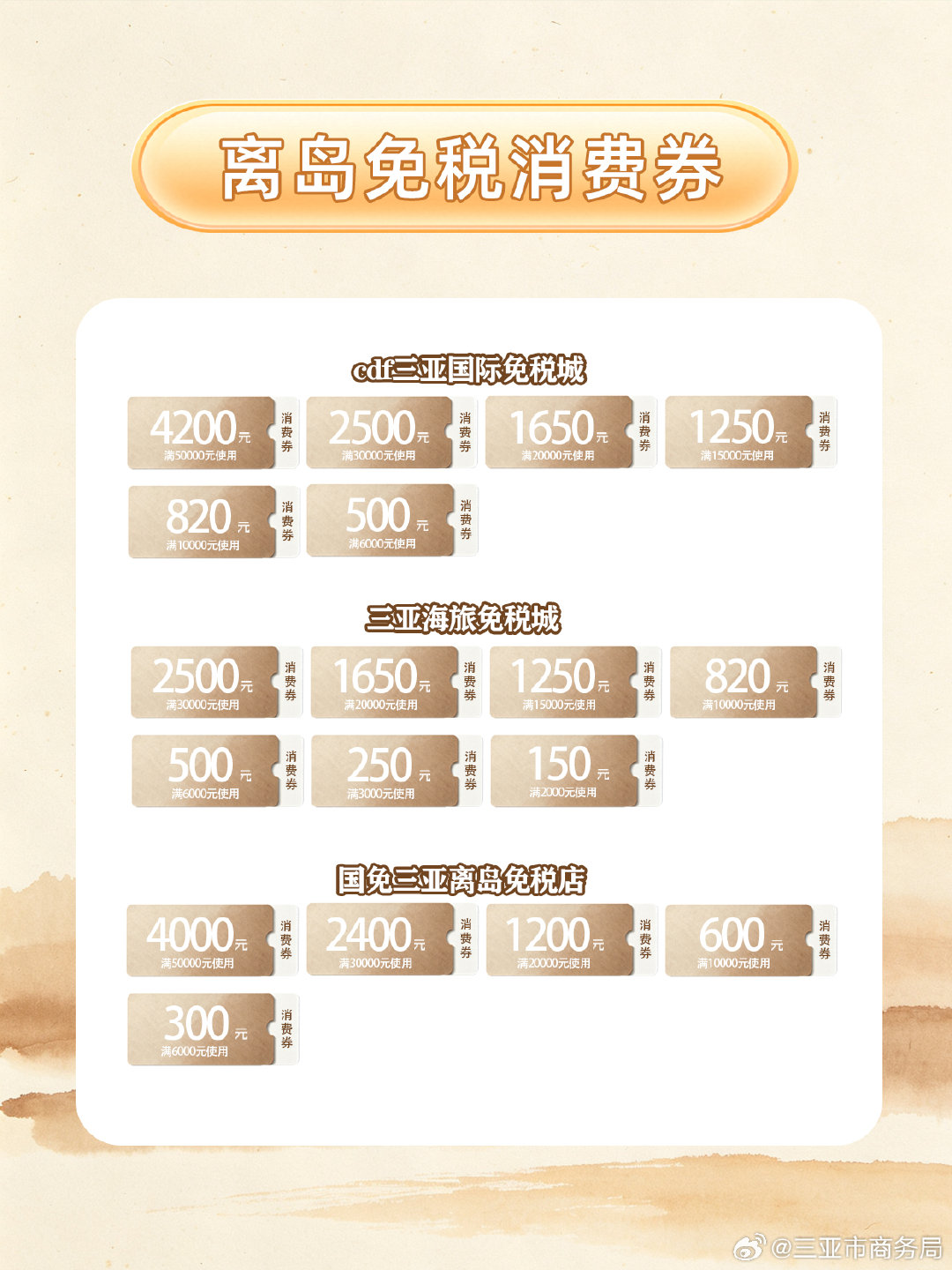 演唱会+免税购物！三亚出行双重快乐✨

奔赴于文文三亚演唱会🌊
⏰明早10点，离岛免税消费券开抢
📅券效期10.20–10.22
🔥看完演出顺路逛免税，挑选心仪好物
* 消费券相关规则请以官方信息为准
#三亚离岛免税消费券##三亚市岛内居民离岛免税消费券##离岛免税消费券# ​