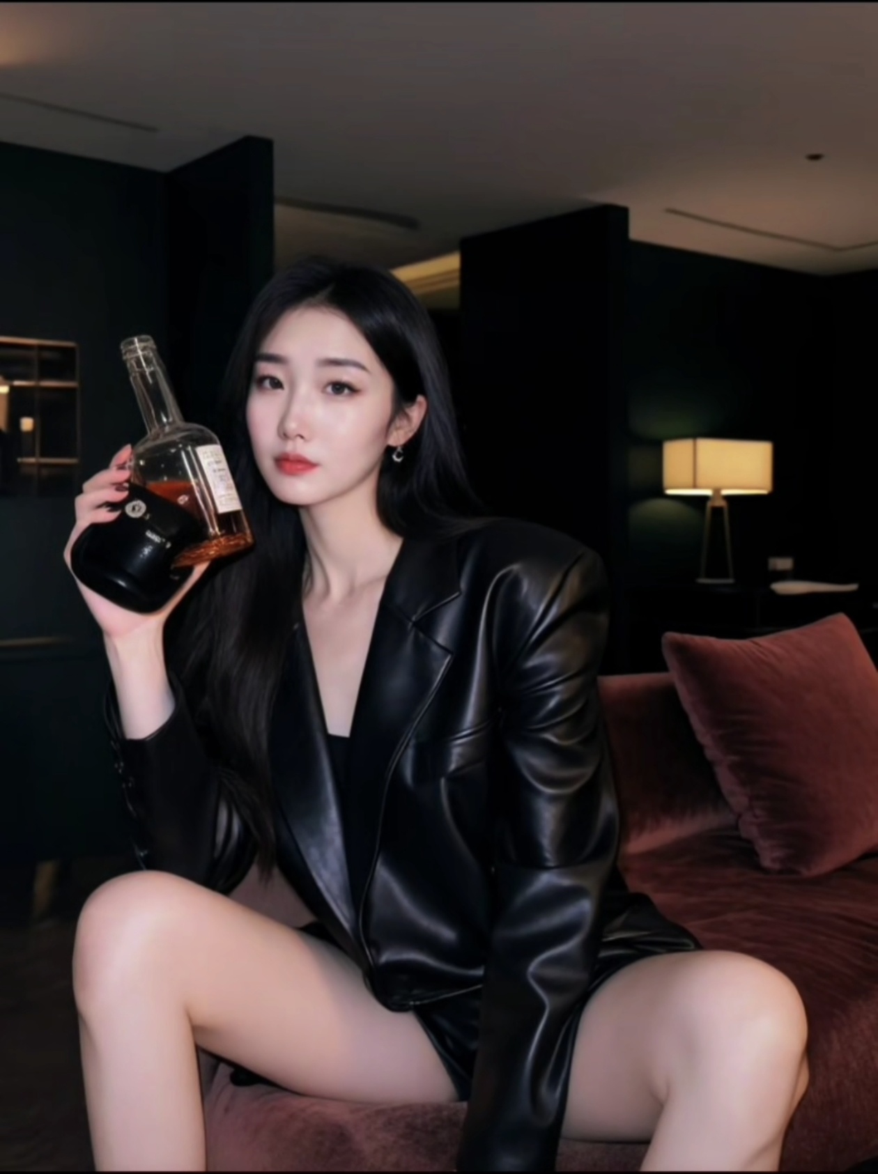 夜晚的黑皮与红酒，就像一场精心策划的诱惑盛宴。想象一位时尚黑皮小姐姐...