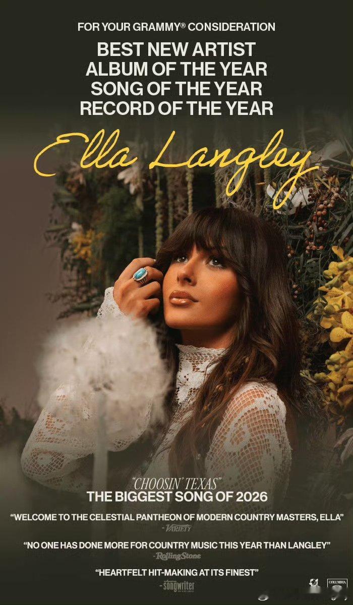 #EllaLangley[超话]# 格莱美公关海报——Ella langley确认报名四大通类[心][心][心] ​