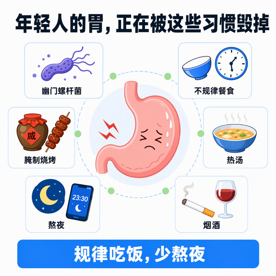 【#胃癌逐成年年轻化的原因#】#博主嘻嘻徐宝胃癌去世年仅26岁#

胃癌不是中老年专属。
国家癌症中心数据：我国每年新发胃癌超 45 万例，35 岁以下年轻患者占 12%，十年翻倍，最小患者仅 14 岁。
医生直言：年轻人胃癌，多半是后天熬出来、吃出来的👇

1️⃣ 幽门螺杆菌长期不查不治
它是世卫组织认定 ​