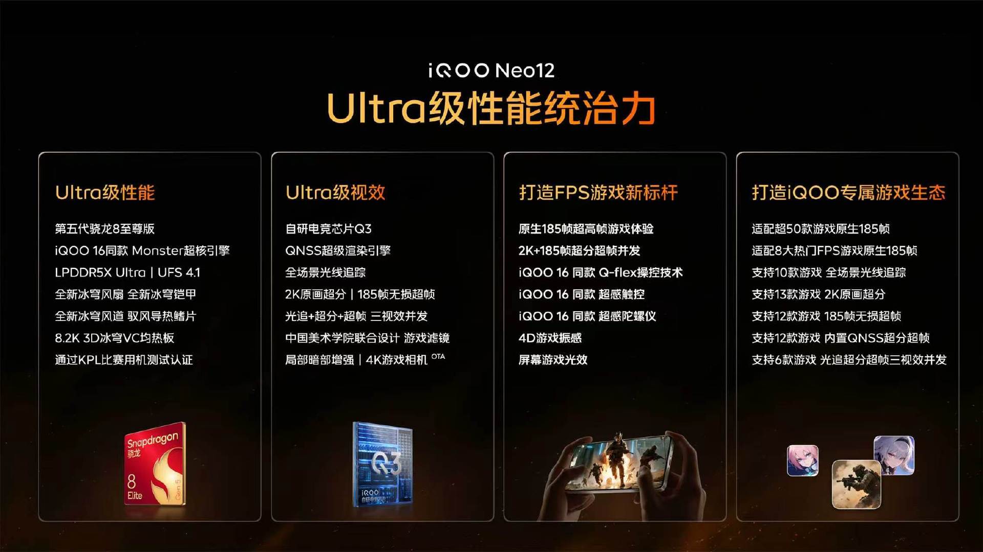 iQOO Neo12这波是真把Ultra级体验打下来了。性能上骁龙8至尊版加Monster超核引擎，冰穹散热压着，火力全开也稳。视效更夸张，自研Q3电竞芯片配QNSS渲染引擎，光追、超分、超帧三大视效还能同时开，2K加185帧并发，画面又细腻又丝滑。Neo12这次是把游戏体验焊死在Ultra级了。 ​