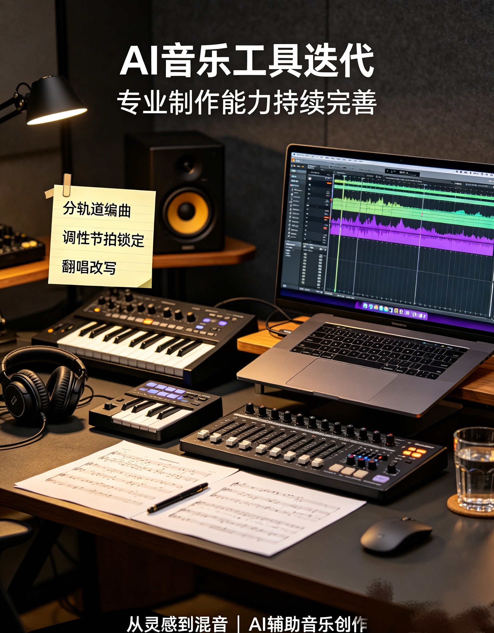 AI音乐工具迭代，专业制作能力持续完善AI音乐模型更新迭代，新增分轨道编曲、调性节拍锁定、翻唱改写等专业能力。不再只能生成简短片段，完整覆盖作曲、编曲、后期混音环节。降低音乐创作门槛，专业音乐人也开始把AI作为辅助创作工具，用来产出灵感素材。 ​​​