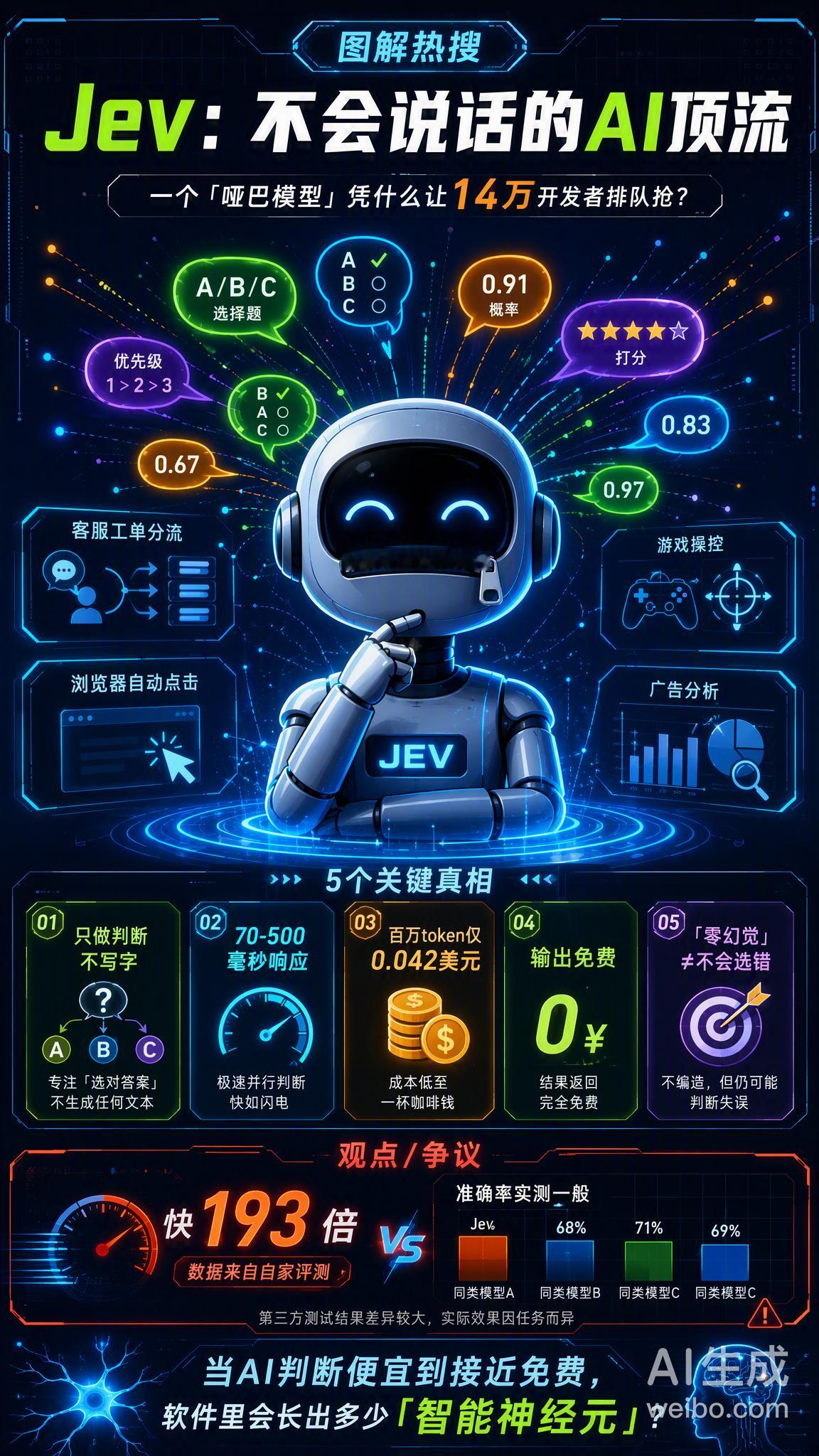 最近AI圈最火的模型，居然是一个「不会说话」的AI。

9月15日，前OpenAI研究员Diogo Almeida创办的TypeSafe AI正式发布了Jev——一个专门做判断题、不生成任何文字的模型。发布不到36小时，约14万开发者排队申请内测，Vercel、LangCh