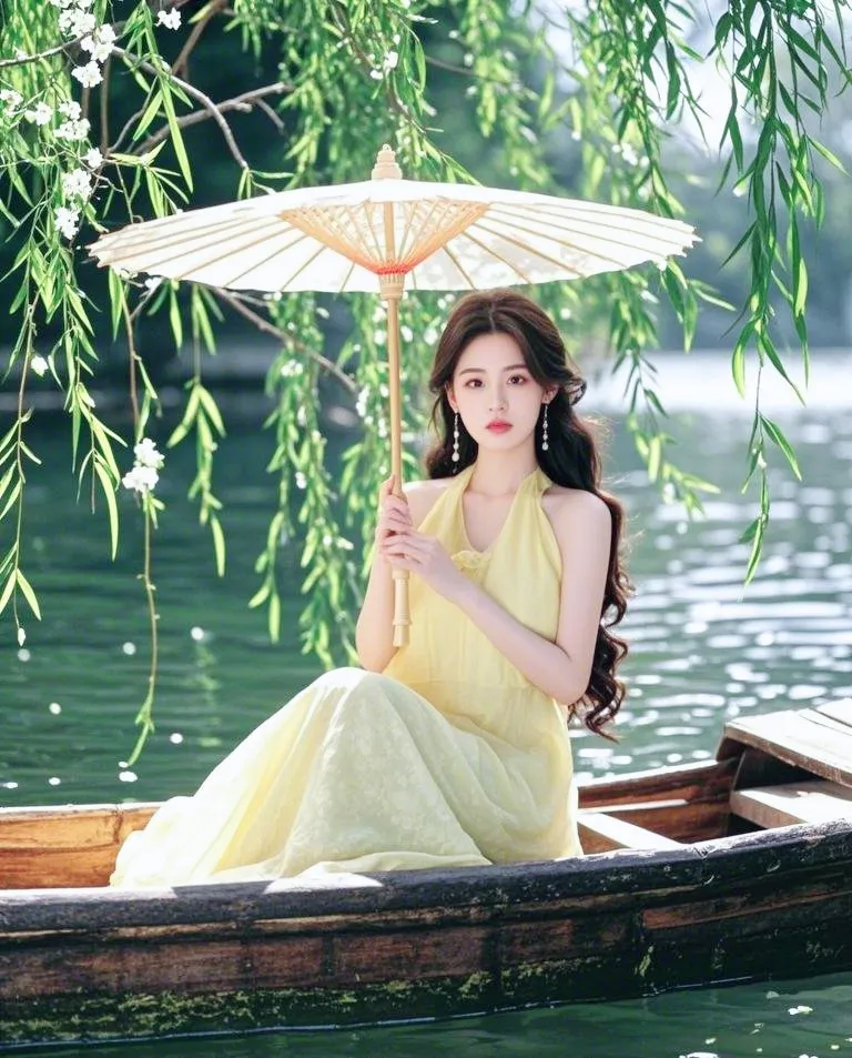 美女穿着鹅黄色新中式挂脖长裙，微卷长发，坐在小船上在河上行驶，撑着油纸...