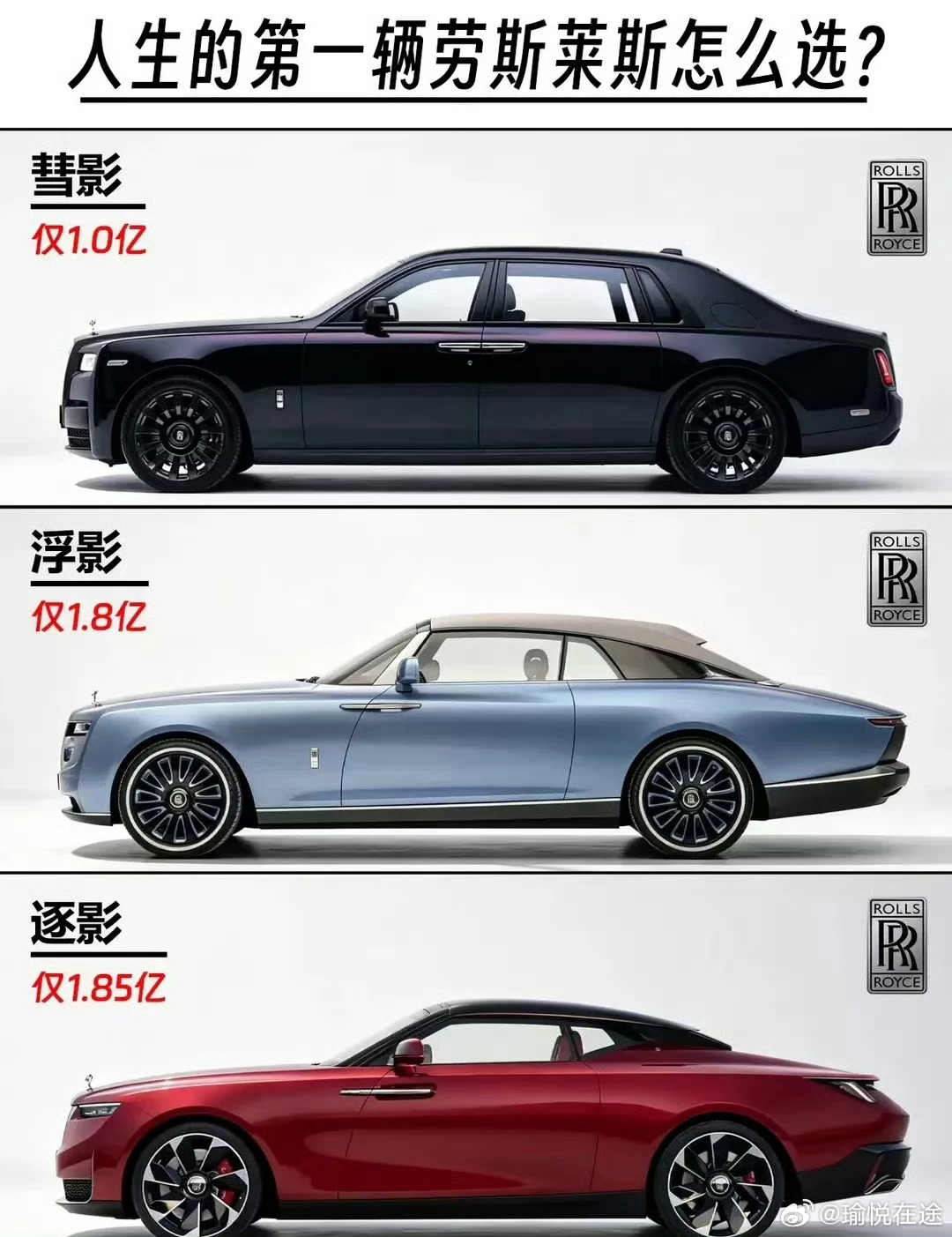 人生第一辆劳斯莱斯怎么选？
从百万到亿级，哪一款才是你的 “入门首选”？

古思特｜600w
入门首选四门轿车
门槛最低的劳斯，尺寸适中，日常通勤、商务接待都合适，低调不浮夸，新手第一台RR首选。

魅影｜650w
双门轿跑
经典溜背硬顶，优雅复古，适合喜欢轿跑质感、两个人出行，兼顾格调。

闪灵｜70 ​