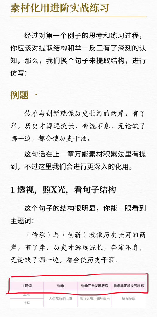 看了这本作文书后，我觉得这个“化用”的方法非常有价值。但是自己水平有限，怎么辅导孩子来做这种练习呢？[允悲]

我试着做了一个“美句化用教练”的skill，在豆包里试运行了一下。

用同样的美句做例子，教练也准确拆解出了结构。并且引导使用者一步一步仿写出其他句子。

像图2里的两个训练成果，让 ​