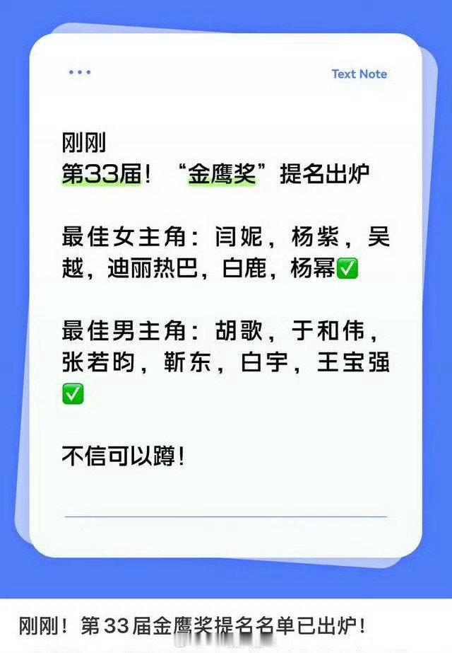 🍉刚刚，第33届“金鹰奖”提名出炉❗️
1️⃣最佳女主角：闫妮，杨紫，吴越，迪丽热巴，白鹿，杨幂
2️⃣最佳男主角：胡歌，于和伟，张若昀，靳东，白宇，王宝强 ​