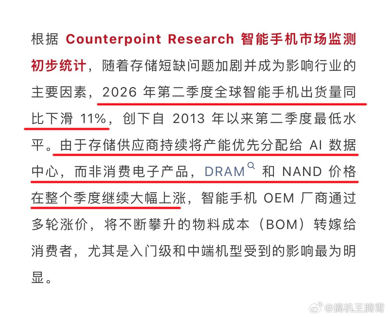 #全球手机销量暴跌#可能大家不知道跌到啥程度了，我给你们汇总下吧，拿Counterpoint公布的数据来看，今年Q1季度全球智能手机出货量同比下降6%，Q2季度同比下降11%，Q3季度数据刚公布，只能说更吓人，同比下降20%，创14年来同期新低，归根结底存储暴涨就是原罪，你们说啥时候手机价格才能降下来[苦涩] ​