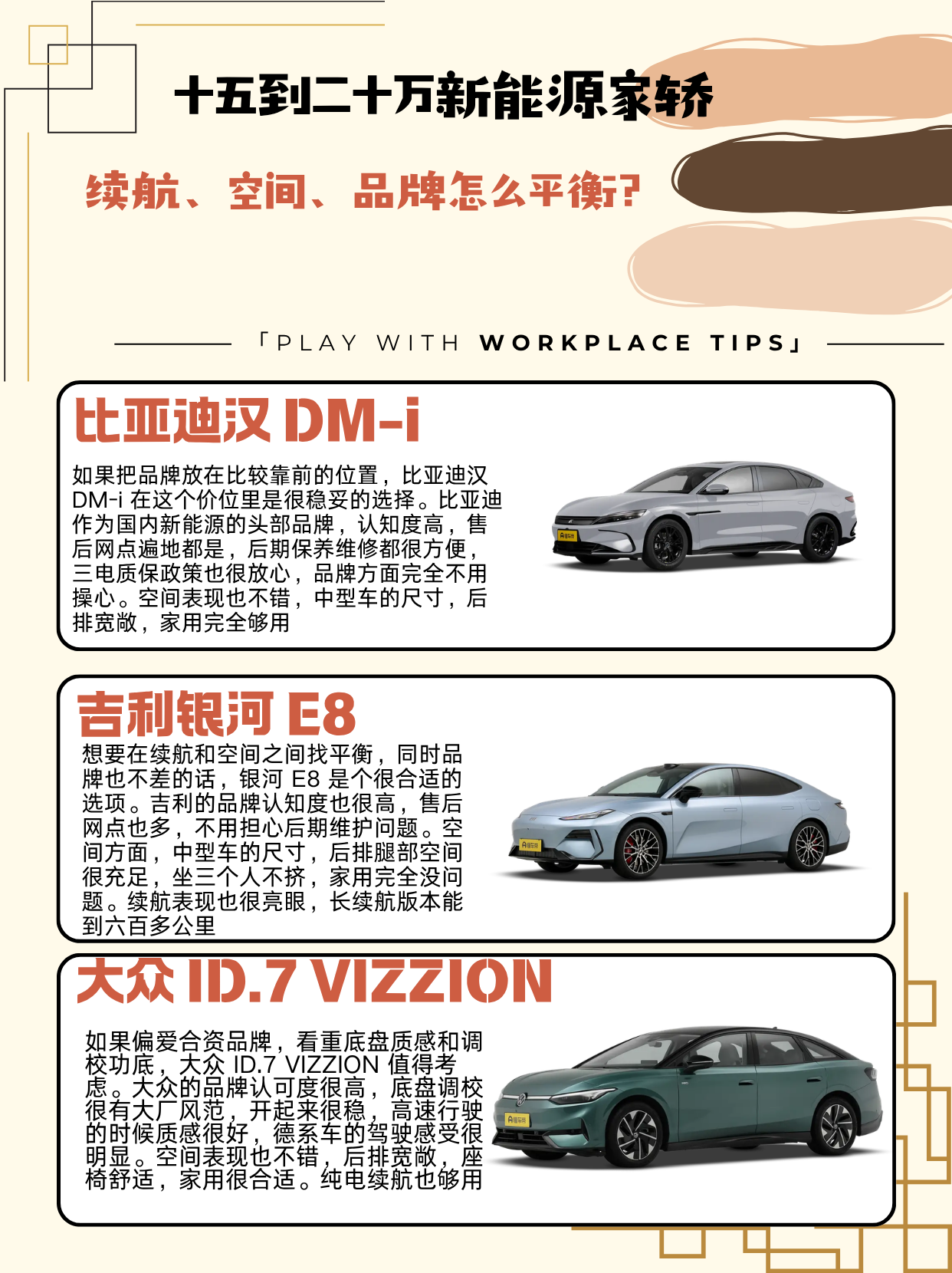 车型：比亚迪汉 DM-i
指导价：16.98-18.98 万元
正文：如果把品牌放在比较靠前的位置，比亚迪汉 DM-i 在这个价位里是很稳妥的选择。比亚迪作为国内新能源的头部品牌，认知度高，售后网点遍地都是，后期保养维修都很方便，三电质保政策也很放心，品牌方面完全不用操心。空间表现也不错，中型车的尺