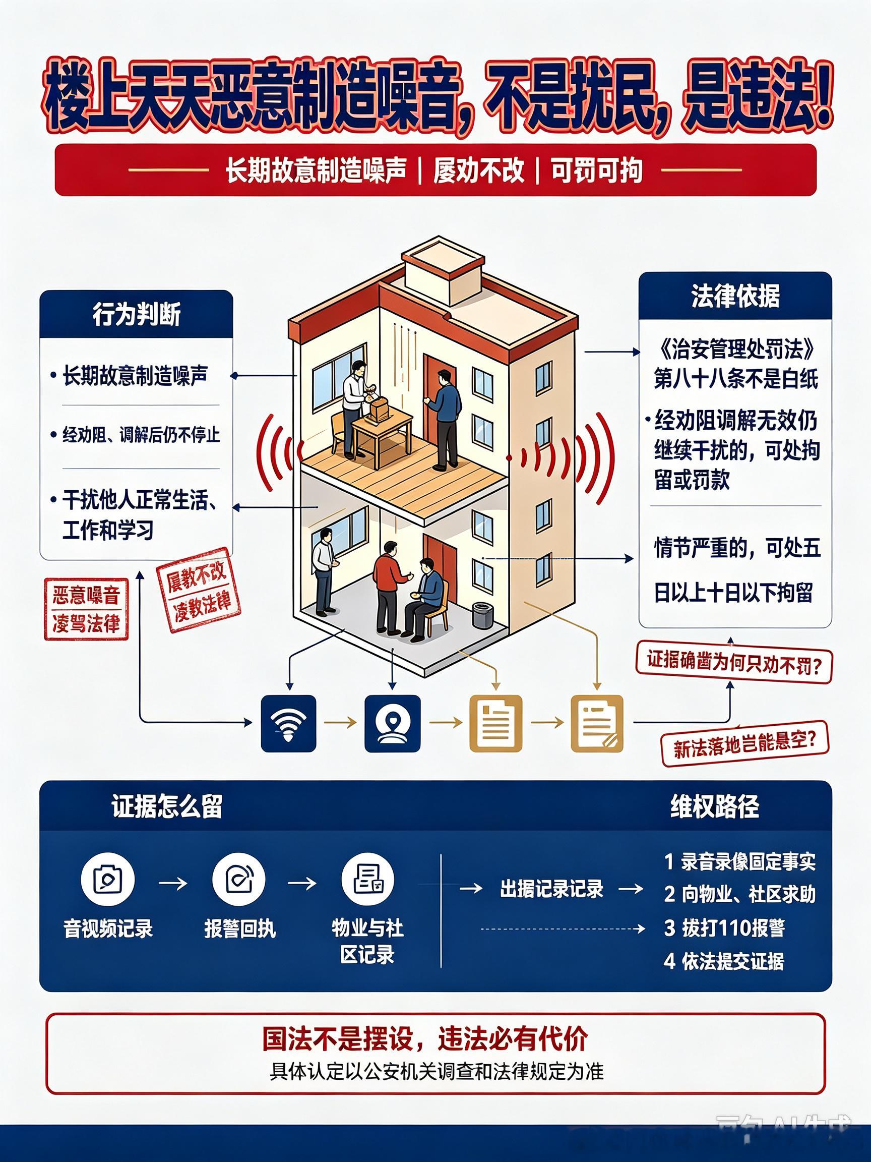 新法权责昭昭！噪音扰民屡教不改，岂能永远只调不罚？
 
中华人民共和国法律体系健全完善、权责清晰、罚则分明，绝非一纸空文！2026年1月1日正式施行的新版《治安管理处罚法》第八十八条早已明确界定：社会生活噪音扰民，经物业、社区、执法部门多次劝阻、调解仍拒不改正、持续侵权干扰他人生活的，依 ​