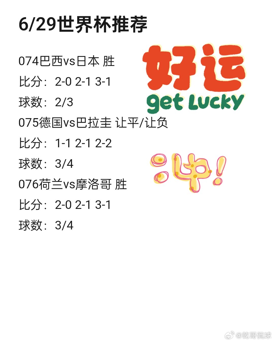 今日世界杯推荐，欢迎品尝[心][心][心]  巴西vs日本 德国vs巴...