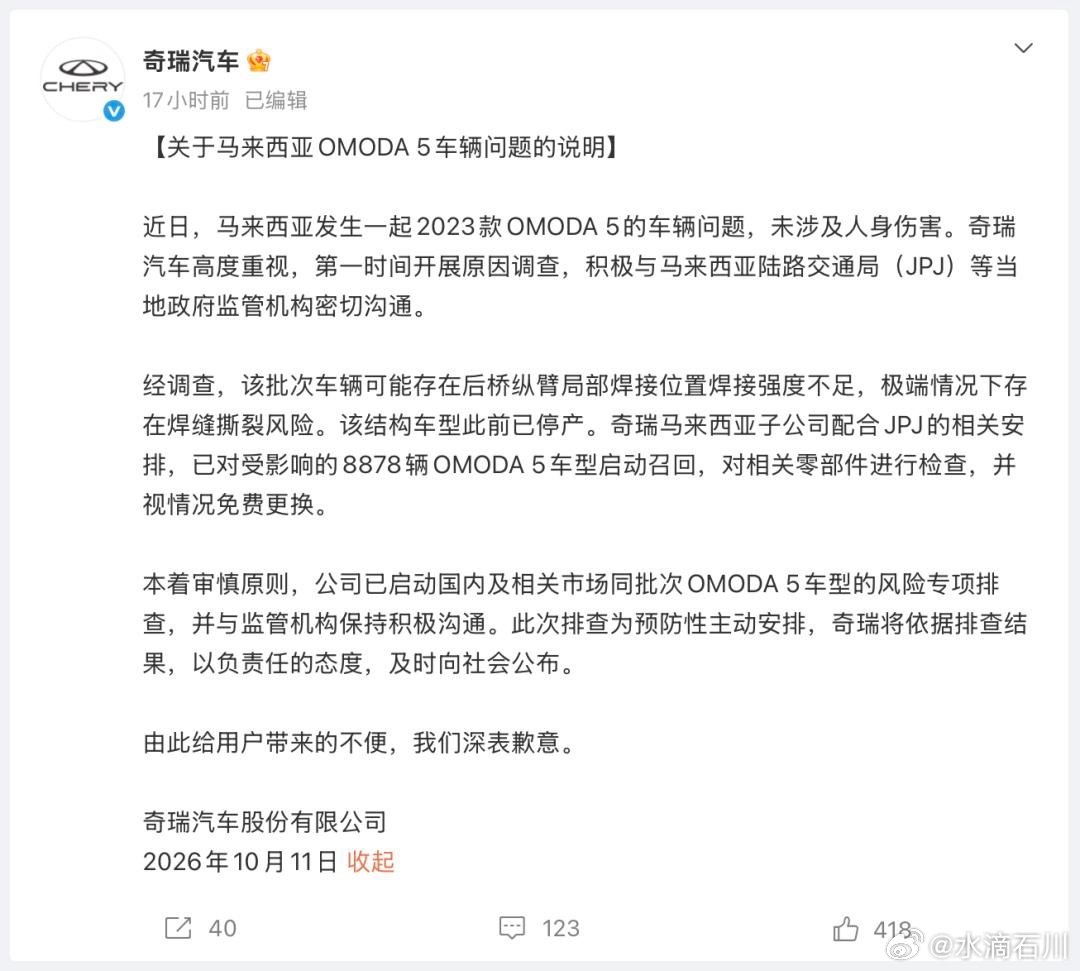 #华东车讯[超话]#  奇瑞表示高度重视该车辆问题，第一时间开展调查，积极对接当地监管机构，并写明：由此给用户带来的不便，我们深表歉意。
后续重点关注国内同批次欧萌达（OMODA 5）排查结果，是否会在国内市场采取召回等措施。 ​
