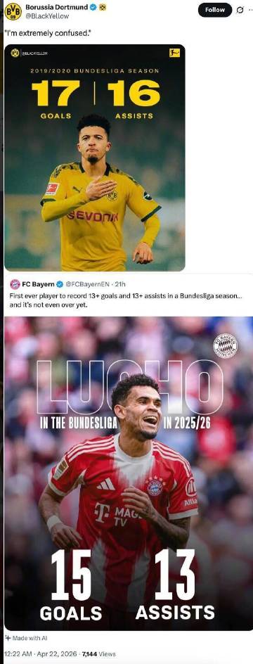 拜仁官方晒图，路易斯-迪亚斯本赛季德甲已交出15球13助的数据，并写道...