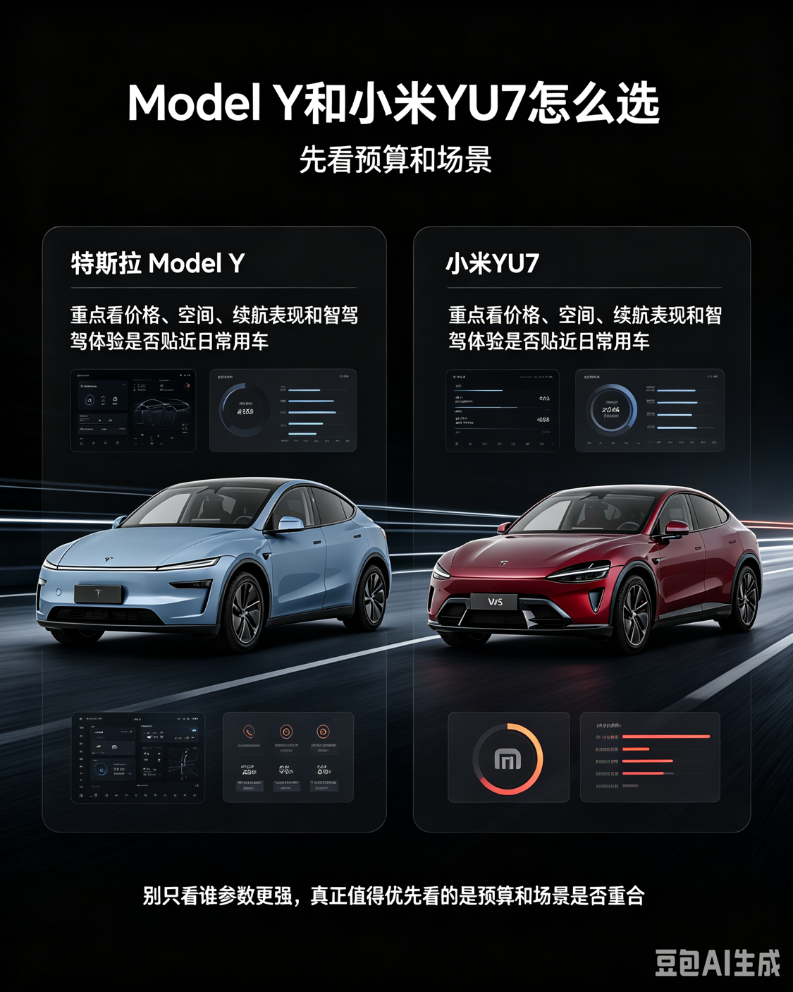 Model Y 和小米 YU7 怎么选，先看预算和场景。别只看谁参数更强，真正值得优先看的是预算和场景是否重合；买车前重点看特斯拉 Model Y 和小米 YU7 的价格、空间、续航表现和智驾体验。【来自懂车帝车友圈】