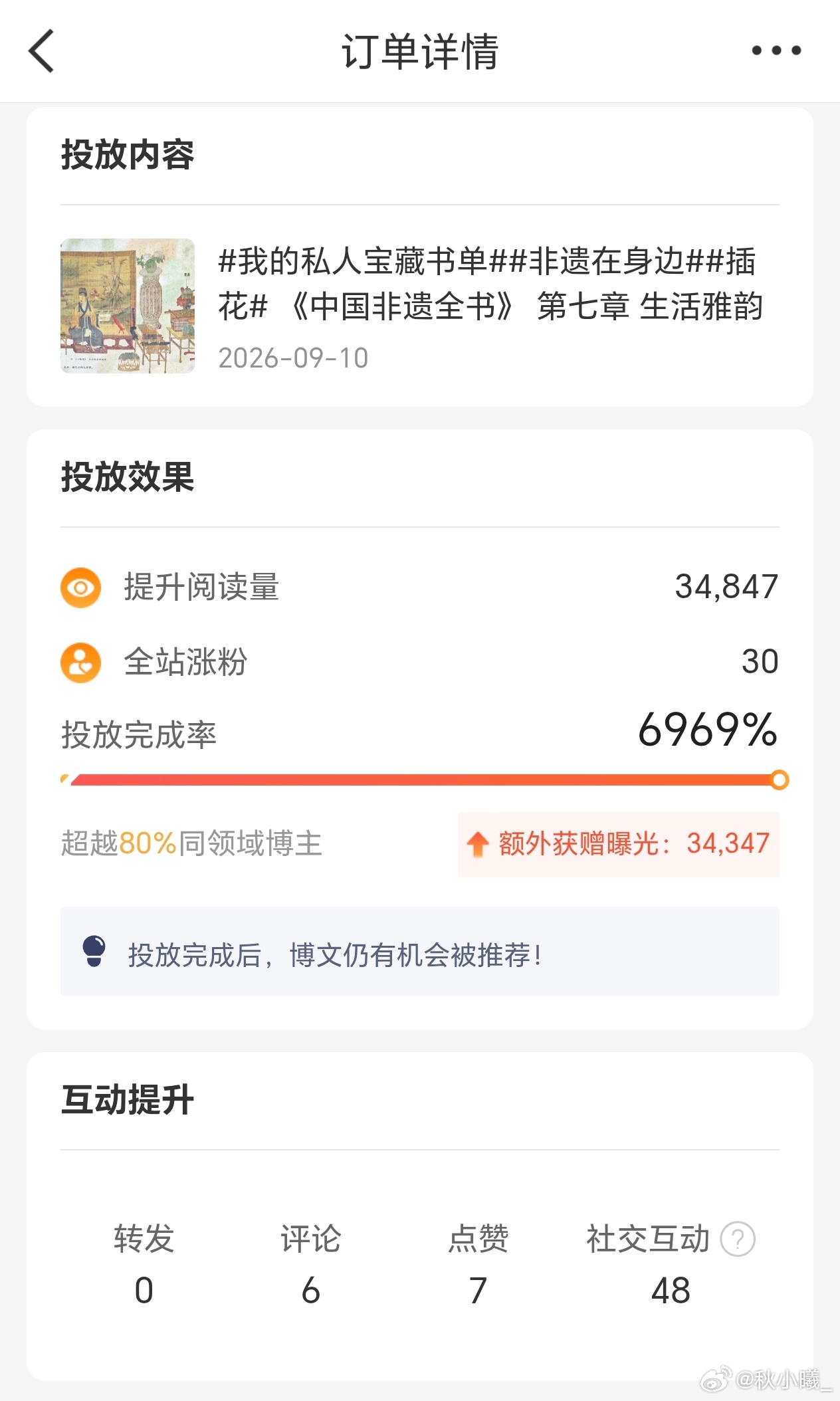 粉条投放凡尔赛 又来分享粉条投放效果，这次依旧是推关于非遗的内容，传统的插花技艺，也是有不错的效果。总体完成率有6969%，涨粉30个，阅读完成时是34847，后来继续上涨至3.9w。也代表了粉条结束投放后，还是会有后劲，会继续上涨数据，所以不要以为刚跑完就是最终结果哦！感谢粉条的助力！
