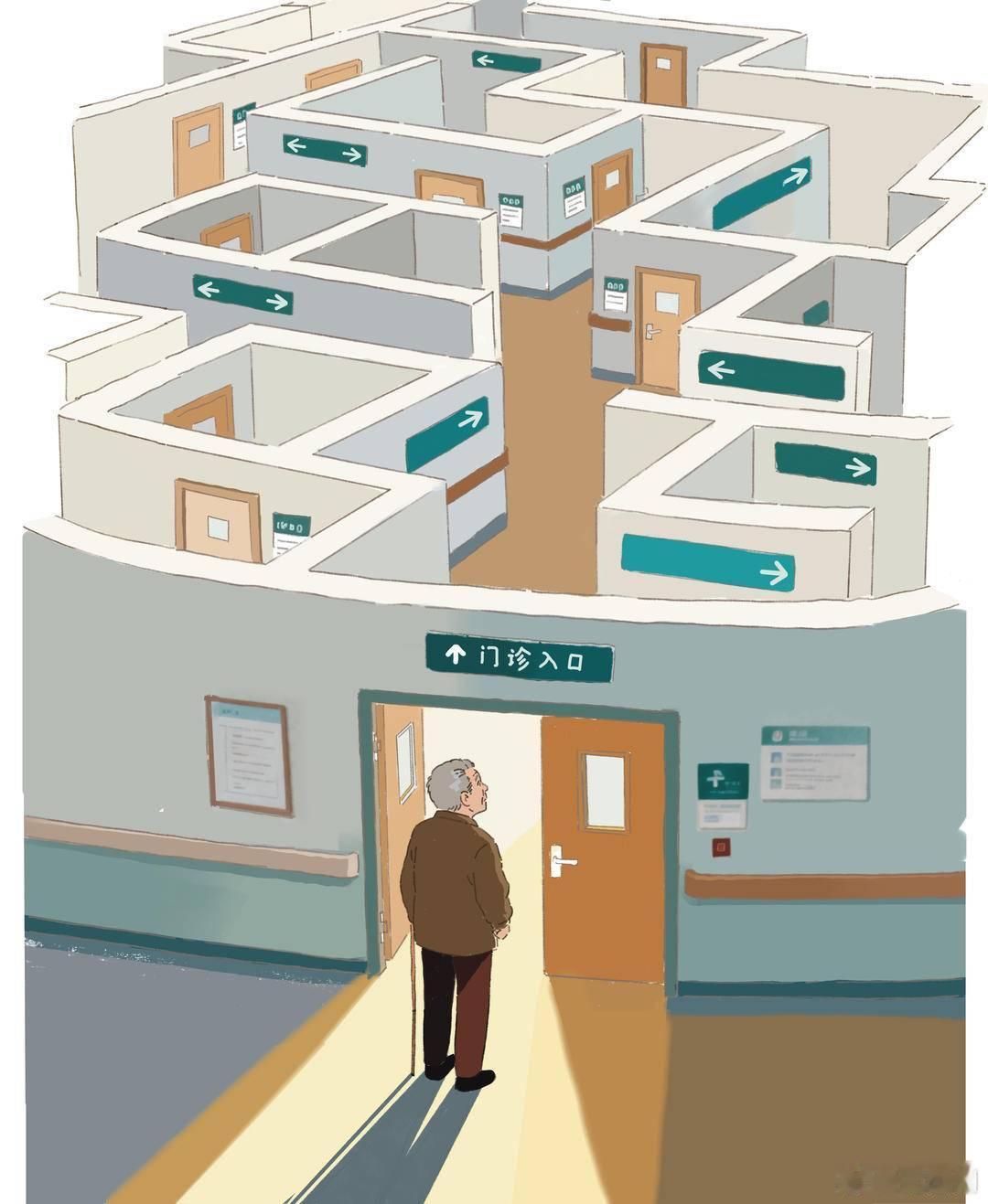 【画里有话丨打通老人就医“迷宫”】复杂的科室布局、繁多的指引标识、还有到诊的手机签到... ...老人独自就医就好像“走迷宫”。要想打通老人就医“迷宫”，医院就要做足适老化服务，保留人工服务、优化导诊指引，让就医之路不再难走，守护银发群体的就医获得感。转发，赞同！ ​