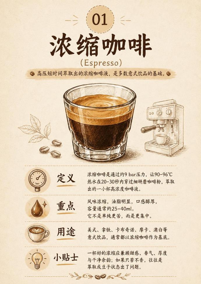 搞懂这些名词之后再去点咖啡就不只是说“来杯拿铁”了知道自己喜欢什么，喝什么都很清楚