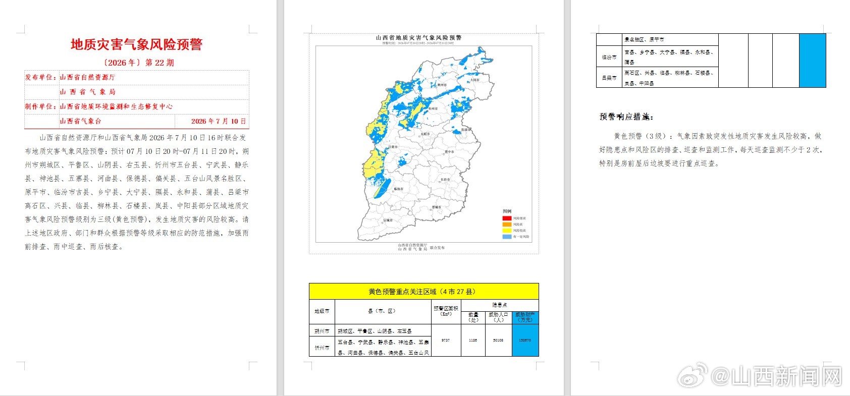 【山西发布地质灾害气象风险预警】山西省自然资源厅和山西省气象局2026...
