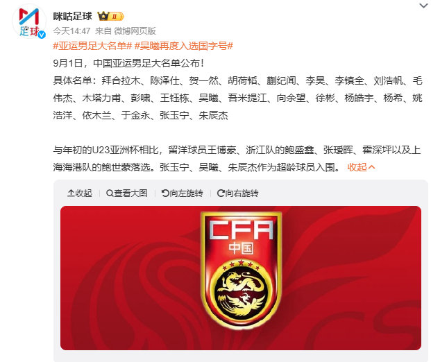#亚运男足大名单##吴曦再度入选国字号##中国男足# 亚运男足大名单出炉，吴曦、朱辰杰等超龄球员压阵，但王钰栋、鲍盛鑫等U23亚洲杯主力却意外落选，这选人标准确实让人有点摸不着头脑。大家觉得这套阵容能在亚运会上走多远，能不能给球迷一个惊喜？ ​