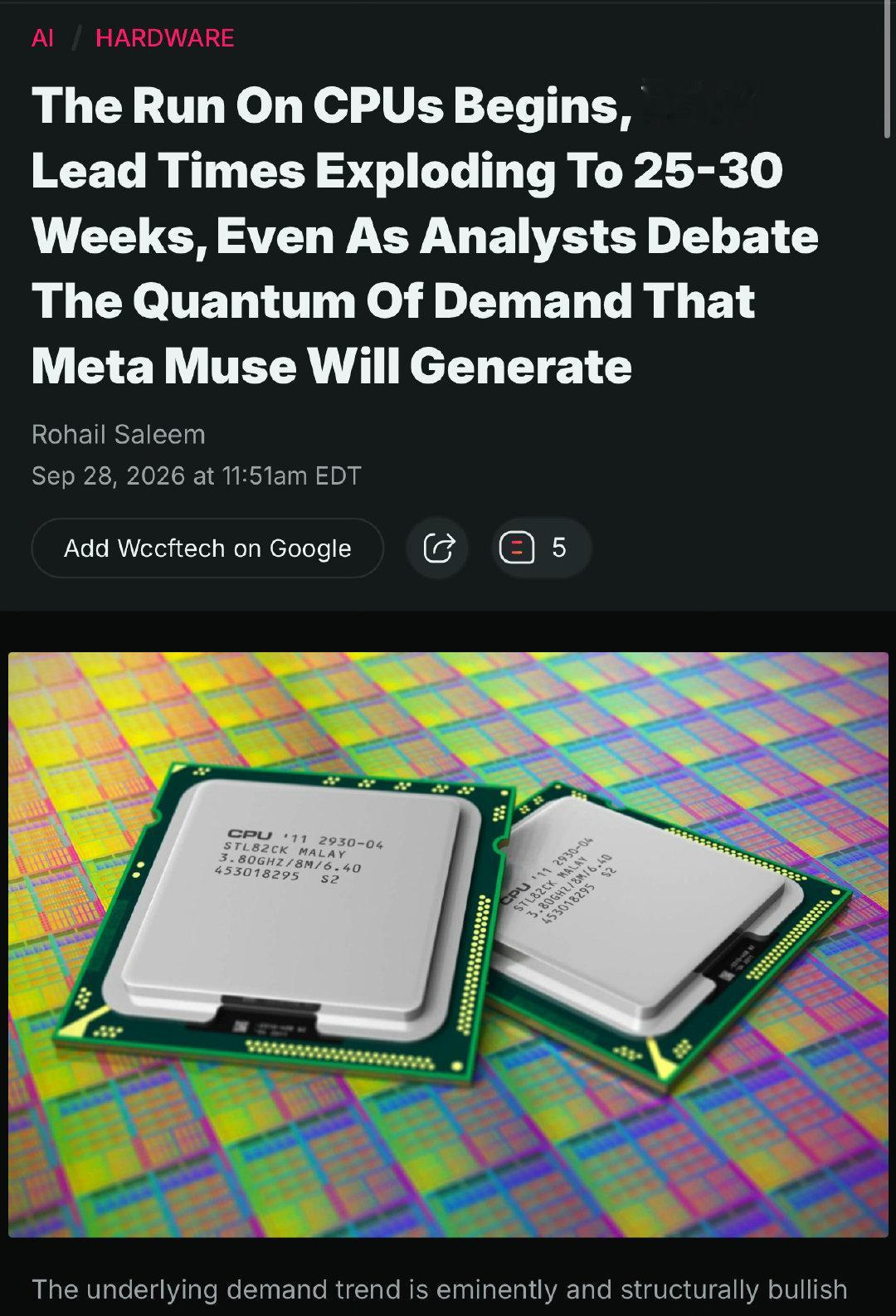 啥玩意？
因为个人 Agent 火了，现在连 CPU 都要抢了？

逻辑从技术上倒是说的通，因为AI Agent 需要一台替用户执行任务的云端电脑，云端电脑又需要 CPU，最近服务器 CPU 交期拉长，那可能确实会因为 Agent 拉一波 CPU 需求。 ​