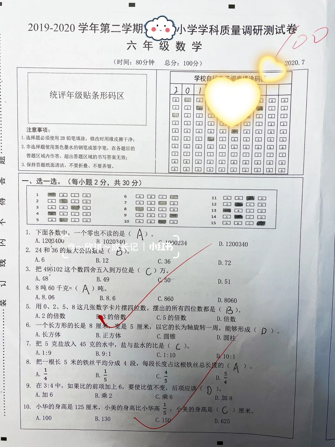六下数学，期末模拟卷100分