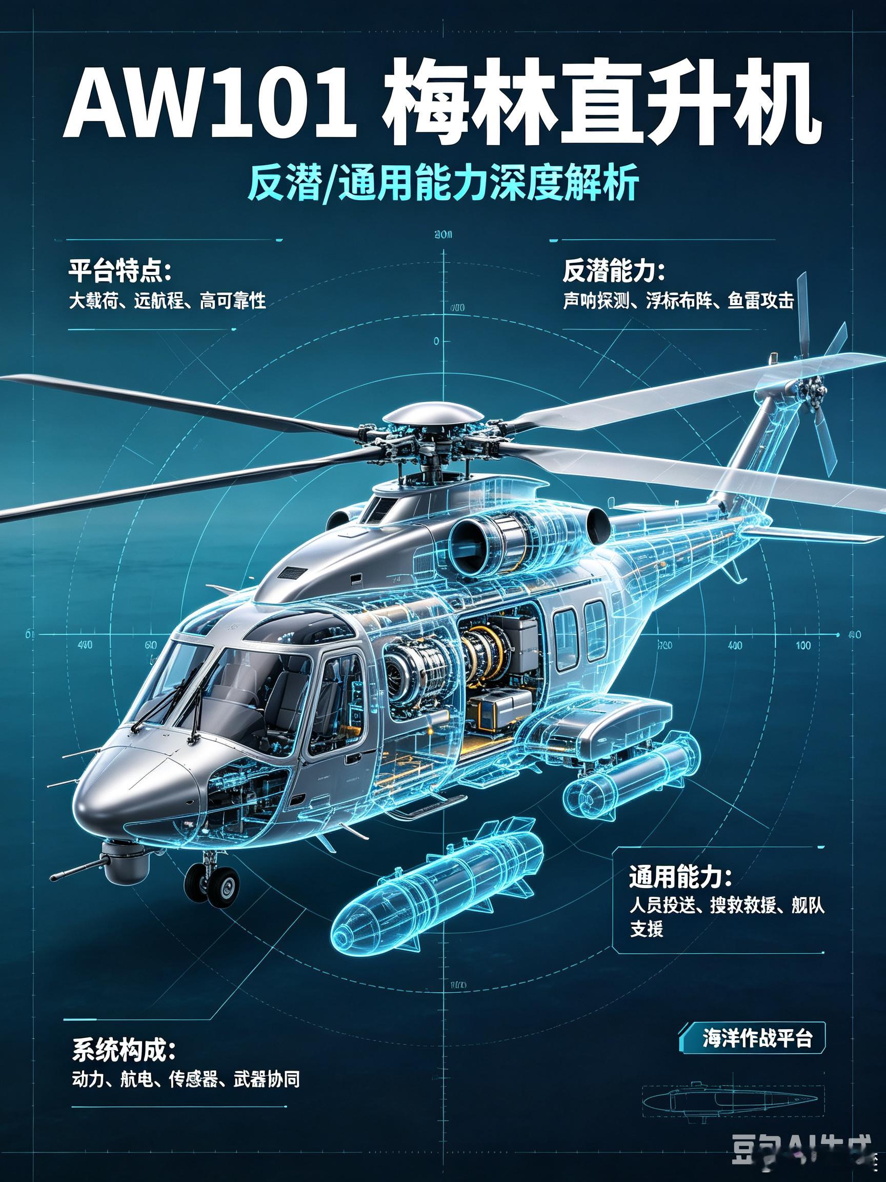 #军事ai新视野# 英国AW101“梅林（Merlin）”反潜/通用直升机 #ai热力追踪# 
 
AW101（原名 EH101）是英国韦斯特兰 + 意大利阿古斯塔联合研发的三发中型多用途舰载直升机，现归属莱昂纳多直升机公司；英军海军命名 Merlin 梅林，国内常译作灰背隼。核心定位：舰载远程反潜、反水面、搜救、兵力投送、空 ​
