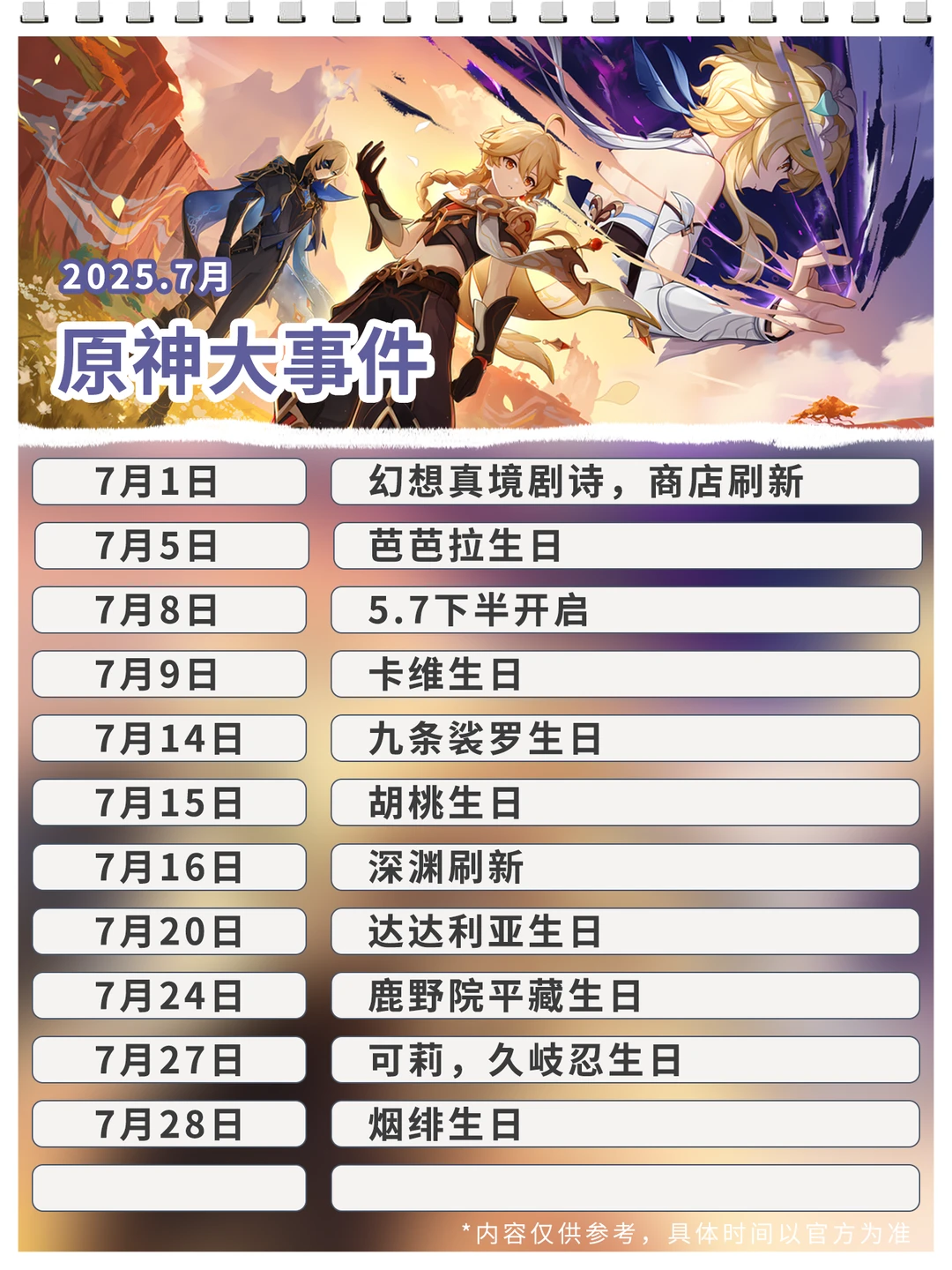 7月份原神大事记｜5.7➕5.8版本汇总