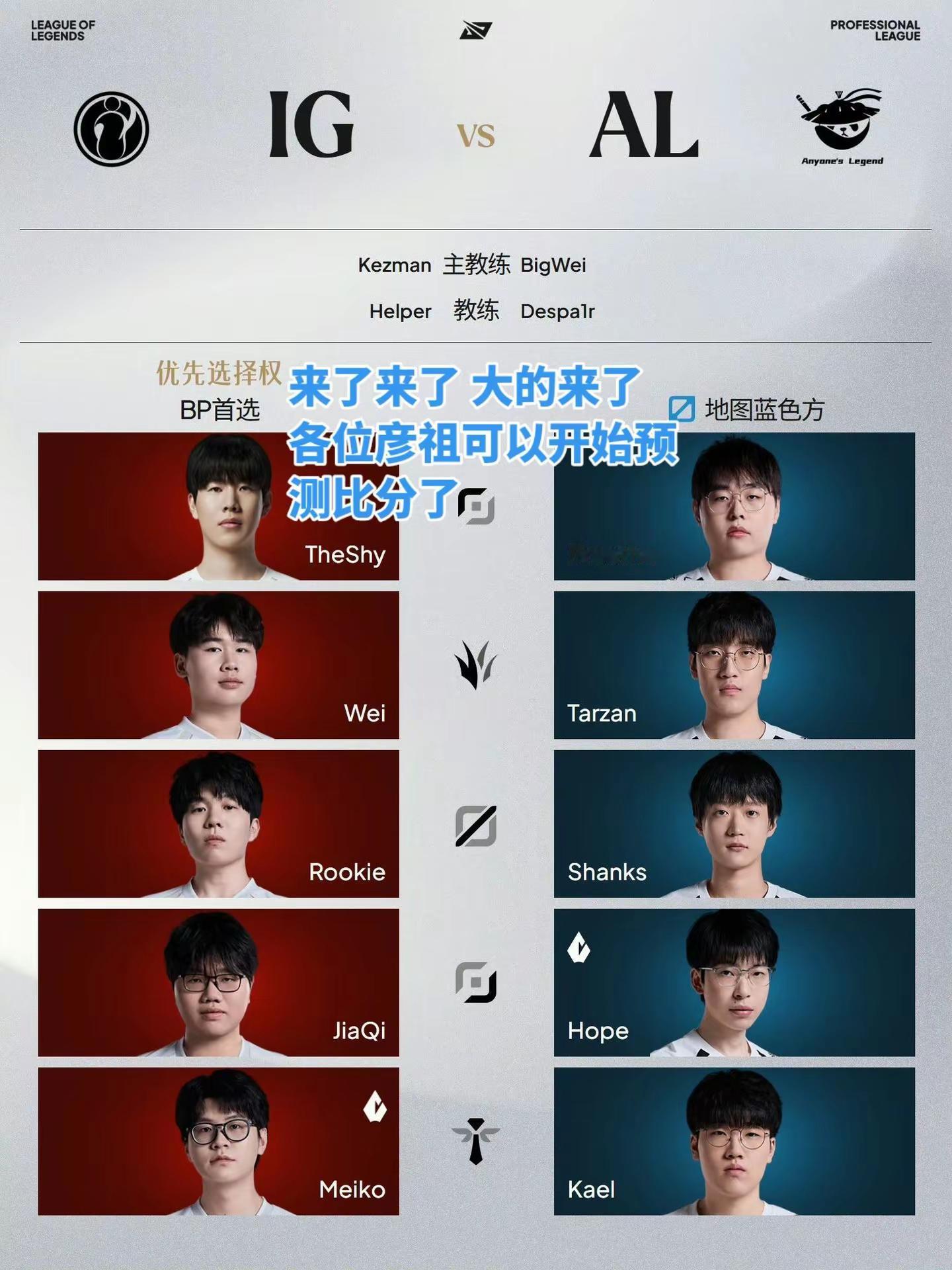 2026LPL季后赛败者组决赛首发名单。9月16日赛程 17:00IG  vs  AL大家认为IG能否战胜AL与BLG会师决赛呢，发表一下自己的看法吧！本场比分预测IG3:2ALlpl lpl赛事