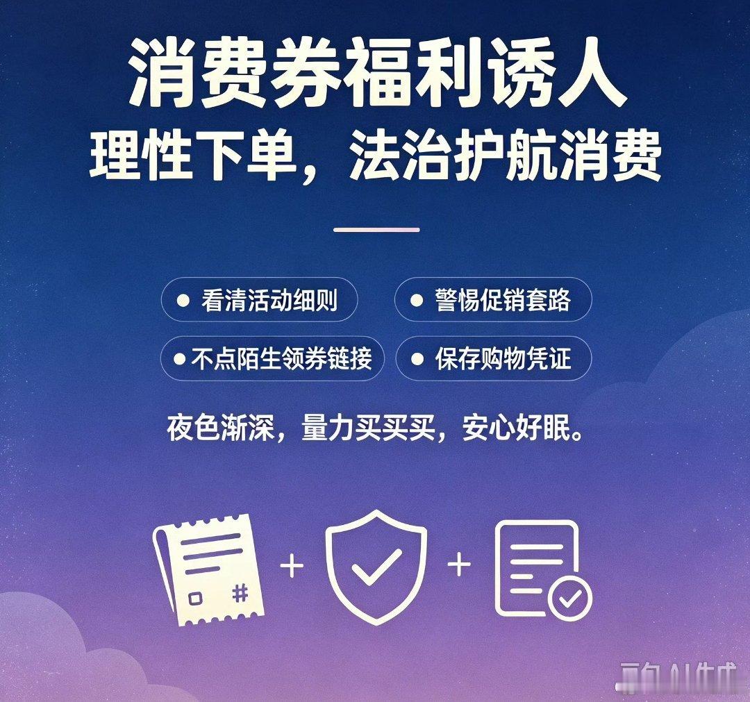 #检护朝夕# 双11消费福利来袭，检察官提醒：看清优惠规则，警惕促销套路，不轻信陌生领券链接，保存购物凭证。理性下单，依法维护消费权益。#天猫双11第一波消费券来了##京东健康11.11小沈阳送千万免单# ​