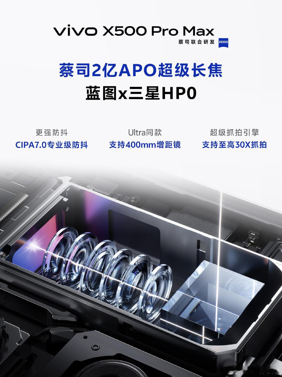 X500 & X500 Pro 长焦规格：等效焦距85mm，LYTIA 610，传感器尺寸1/2英寸，6400W像素（对焦加强版OV64B？）；

X500 Pro Max 长焦规格：等效焦距85mm，三星HP0，传感器尺寸1/1.4英寸，2亿像素； ​