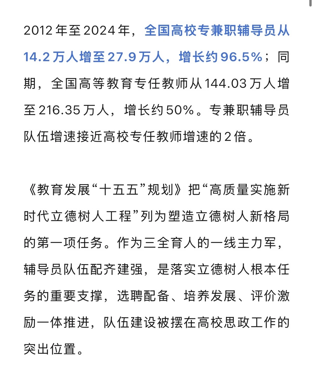 教育部数据：高校辅导员规模接近翻倍