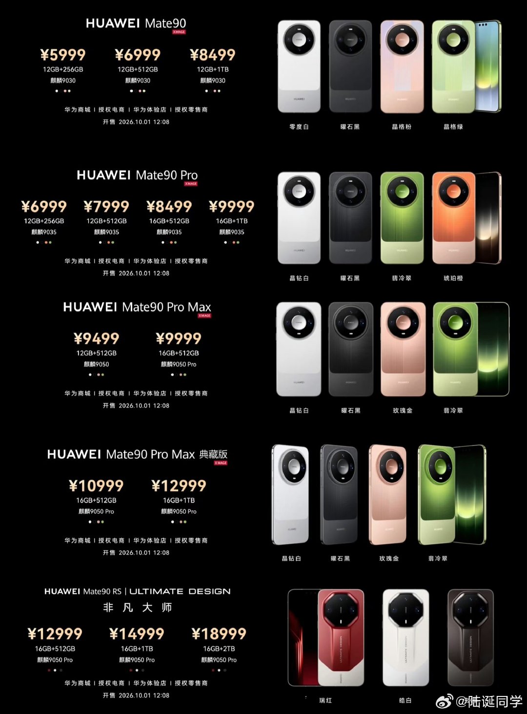 华为Mate90系列，一场发布会出现了四款芯片：麒麟9030、9035、9050、9050 Pro。Mate90 Pro Max
一款机型不同存储，就用了9050和9050 Pro两款芯片。 ​